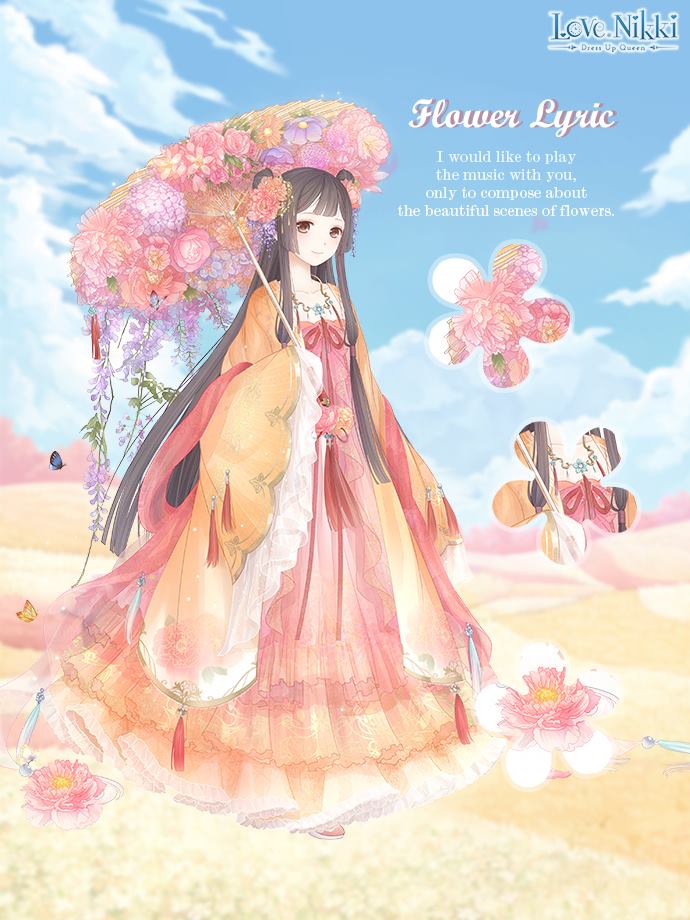 flower lyric (miracle nikki), miracle nikki, nikki (series), artist request, official art, third-party source, 1girl, black hair, blue butterfly, blue sky, blunt bangs, blunt ends, brown eyes, bug, butterfly, character name, chinese clothes, close-up, closed mouth, cloud, copyright logo, day, dot nose, double bun, english text, eyelashes, field, floral print, flower, flower field, flower necklace, frilled sleeves, frills, full body, hair bun, hair flower, hair ornament, hanfu, happy, hill, holding, holding umbrella, insect, jewelry, light blush, logo, long hair, long sidelocks, long sleeves, looking at viewer, necklace, oil-paper umbrella, orange flower, orange hanfu, orange umbrella, outdoors, pink flower, pink hanfu, print sleeves, purple flower, red ribbon, red shoes, ribbon, shoes, sidelocks, sky, sleeves past fingers, sleeves past wrists, smile, solo, standing, straight hair, tareme, tassel, two-tone hanfu, umbrella, umbrella over shoulder, very long hair, waist tassel, wide sleeves, wisteria, yellow butterfly