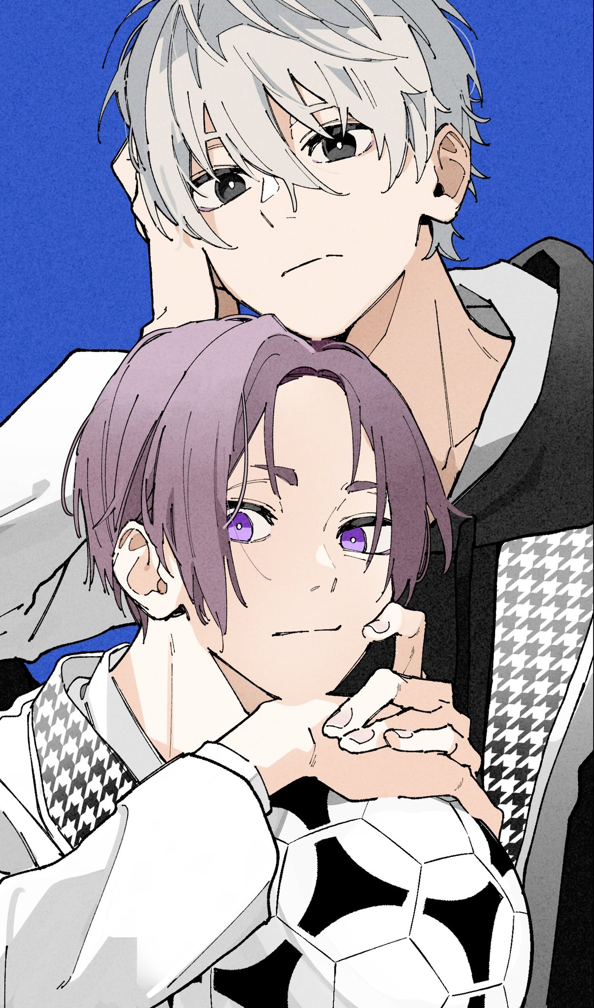 mkyn29, mikage reo, nagi seishirou, blue lock, commentary request, highres, 2boys, ball, black eyes, black hoodie, blue background, closed mouth, frown, hair between eyes, head rest, hood, hood down, hoodie, houndstooth, jacket, layered sleeves, long sleeves, looking to the side, male focus, multiple boys, own hands together, parted hair, purple eyes, purple hair, short hair, sideways glance, simple background, soccer ball, upper body, white hair, white jacket