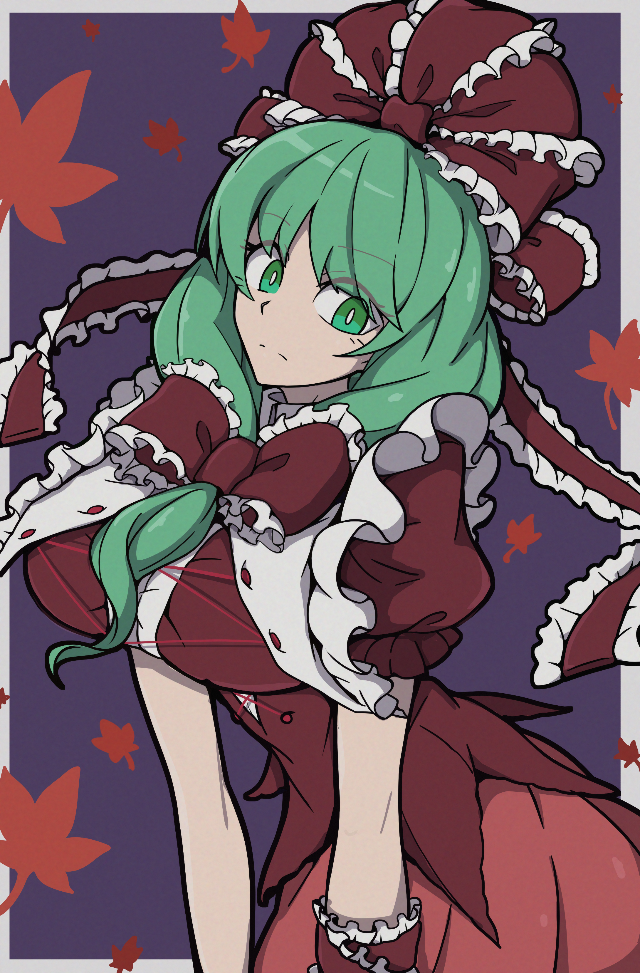 nunogire, kagiyama hina, touhou, absurdres, commentary request, highres, 1girl, bow, breasts, frilled ribbon, frills, front ponytail, hair bow, hair ribbon, looking at viewer, red bow, red ribbon, red shirt, red skirt, ribbon, shirt, skirt, solo