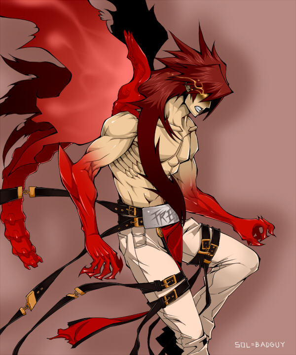 kamirobo, shirorenge (huruhuru), sol badguy, arc system works, guilty gear, bad id, bad pixiv id, 1boy, belt, buckle, collarbone, grin, male focus, muscular, pants, red wings, smile, solo, teeth, wings