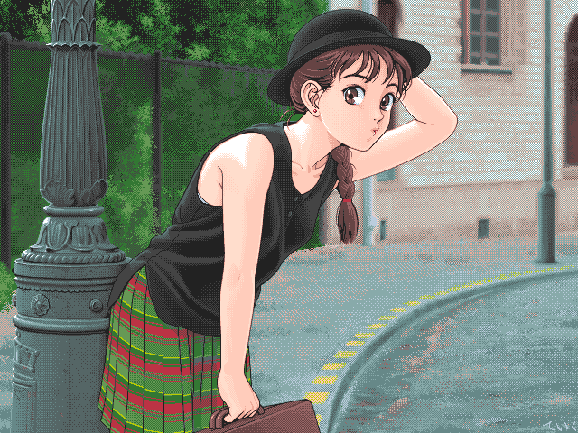 teiku (take), archived source, character request, commentary request, copyright request, 1990s (style), 1girl, arm at side, arm behind head, artist name, bare arms, bare shoulders, black hat, black shirt, blurry, blurry background, braid, breasts, brick wall, brown eyes, brown hair, building, bush, buttons, chain-link fence, cowboy shot, dithering, earrings, european architecture, fence, from side, green skirt, hair over shoulder, hair ribbon, hat, holding, holding suitcase, jewelry, lamppost, leaning forward, long hair, looking at viewer, open window shutter, outdoors, pc-98 (style), pixel art, pleated skirt, puckered lips, red ribbon, retro artstyle, ribbon, road, shirt, sidewalk, signature, single braid, skirt, small breasts, solo, standing, street, striped clothes, striped skirt, stud earrings, suitcase, trilby, window