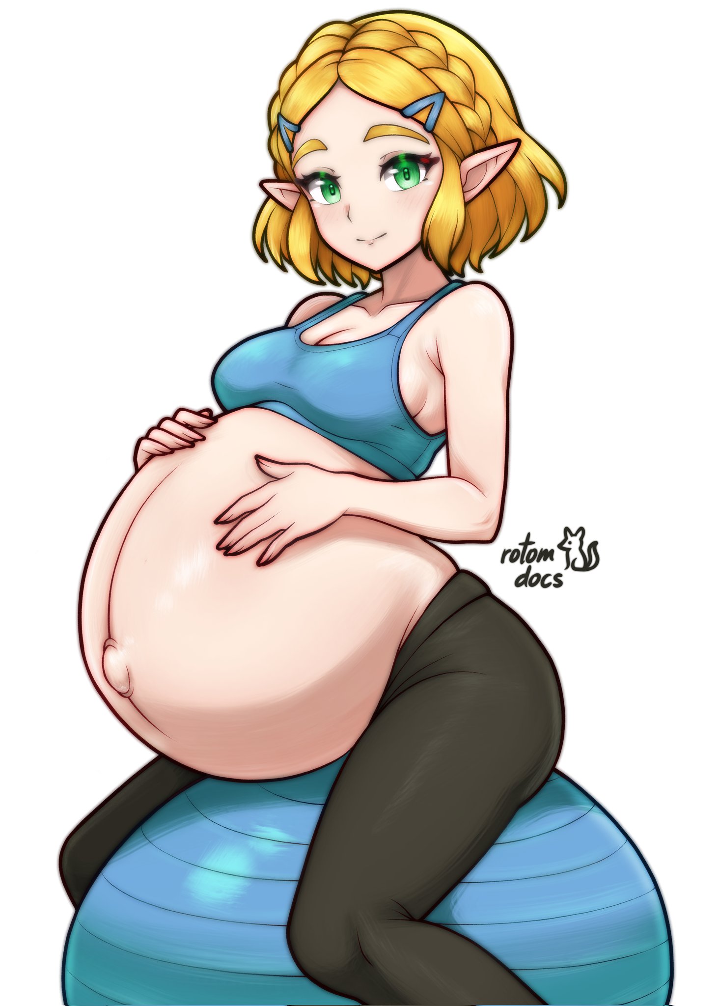 rotomdocs, princess zelda, nintendo, the legend of zelda, the legend of zelda: tears of the kingdom, commentary, english commentary, highres, 1girl, artist logo, ball, black pants, blonde hair, blue sports bra, braid, breasts, cleavage, closed mouth, crown braid, exercise ball, feet out of frame, green eyes, hands on own stomach, logo, looking at viewer, medium breasts, pants, pregnant, short hair, signature, sitting, smile, solo, sports bra, white background, yoga pants