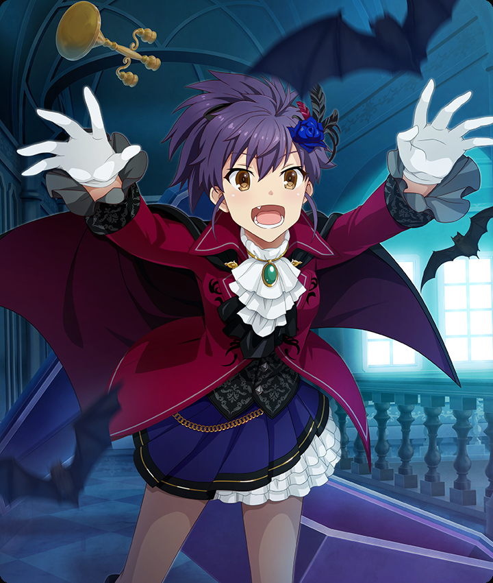 toji no miko, toji no miko: kizamishi issen no tomoshibi, game cg, official art, third-party source, 1girl, animal, ascot, bat (animal), black cape, black feathers, blue flower, blue rose, blurry, blurry foreground, breasts, brooch, brown eyes, candelabra, candlestand, cape, chain, checkered floor, coffin, cowboy shot, dot nose, dress, etou minato, fang, feather hair ornament, feathers, flower, frilled skirt, frills, gem, gloves, gold chain, green gemstone, grey pantyhose, hair ornament, halloween, halloween costume, hands up, high ponytail, indoors, jacket, jewelry, layered skirt, looking at viewer, medium breasts, open mouth, outstretched arms, pantyhose, ponytail, purple dress, purple hair, railing, red feathers, red jacket, rose, short hair, short ponytail, sidelocks, skirt, solo, tongue, vampire costume, white ascot, white gloves, white skirt, window