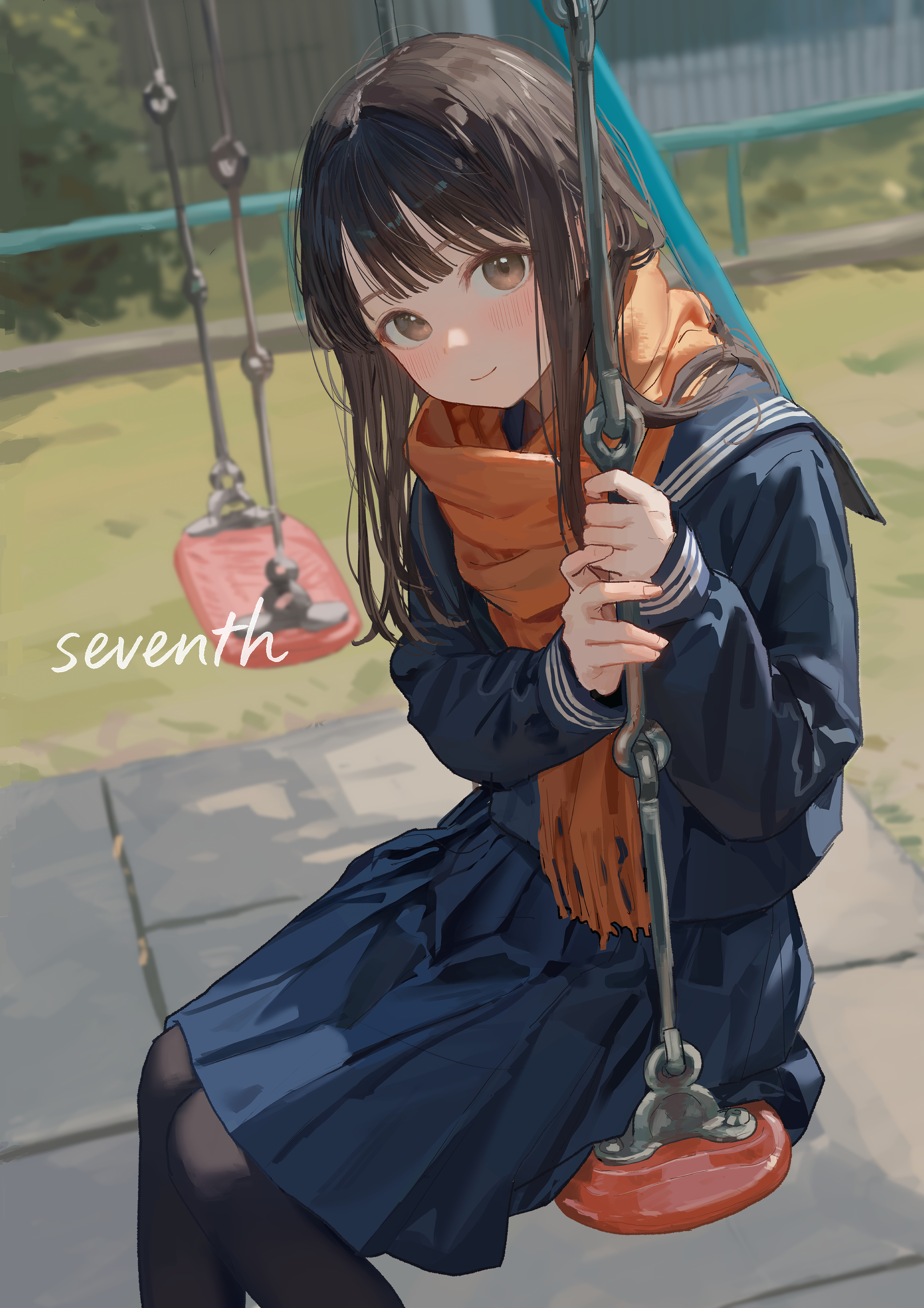 akipeko, original, absurdres, commentary request, highres, 1girl, black hair, black pantyhose, blue shirt, blue skirt, blunt bangs, blurry, blurry background, brown eyes, long hair, long sleeves, looking at viewer, on swing, orange scarf, pantyhose, pleated skirt, scarf, school uniform, shirt, skirt, smile, solo, swing, swing set