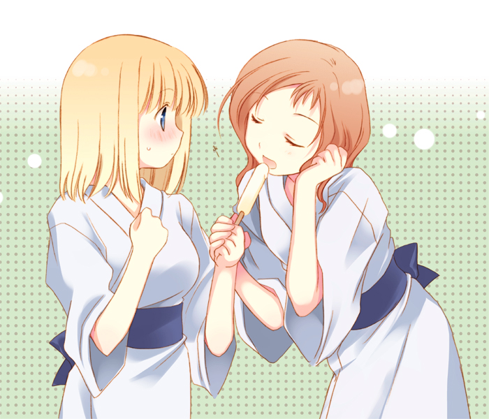 tokumi yuiko, fukuji mihoko, takei hisa, saki (manga), bad id, bad pixiv id, 00s, 2girls, blonde hair, blue eyes, blush, closed eyes, food, multiple girls, popsicle, robe, sexually suggestive