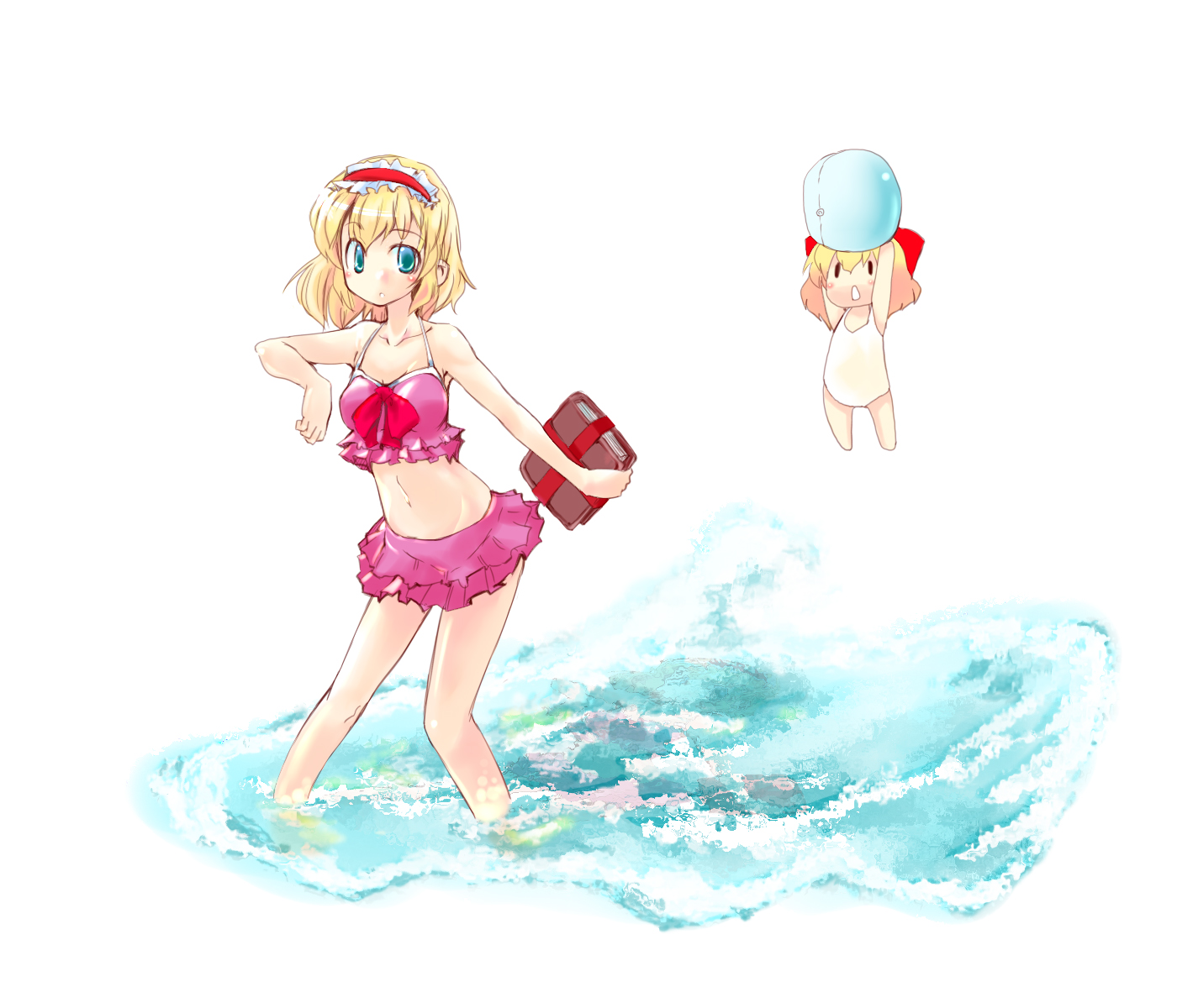 takara akihito, alice margatroid, shanghai doll, touhou, highres, 1girl, bikini, bikini skirt, blonde hair, blue eyes, blue hair, book, female focus, matching hair/eyes, matching shanghai, navel, one-piece swimsuit, short hair, solo, swimsuit, water
