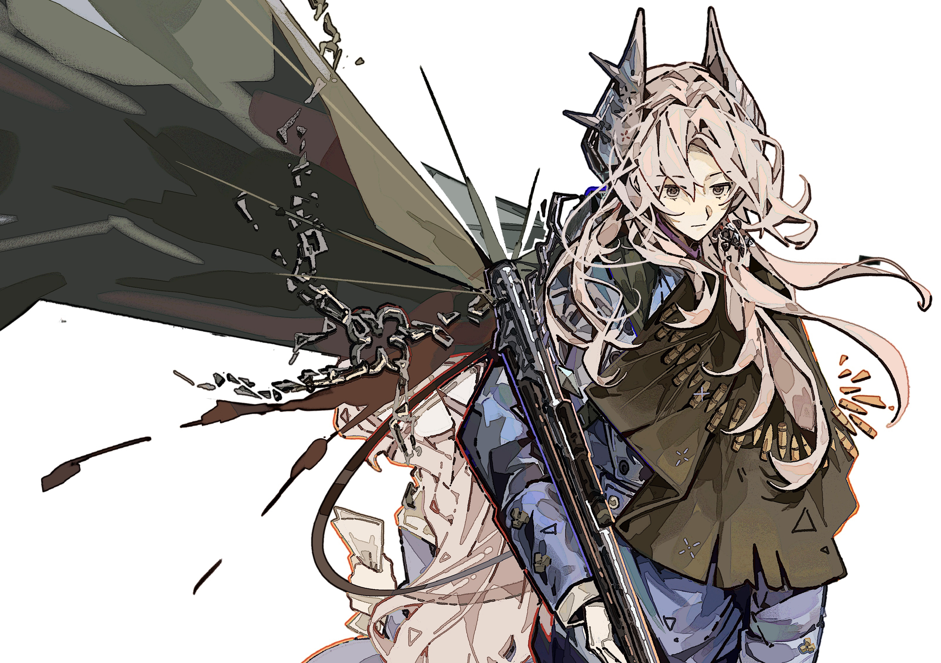 30000000000, reverse:1999, absurdres, commentary request, highres, 1girl, :|, ammunition, black cape, blue jacket, broken, broken chain, cape, chain, closed mouth, grey eyes, grey hair, gun, hair ornament, holding, holding gun, holding weapon, jacket, long hair, military uniform, rifle, rifle cartridge, sentinel (reverse:1999), solo, upper body, weapon, white background