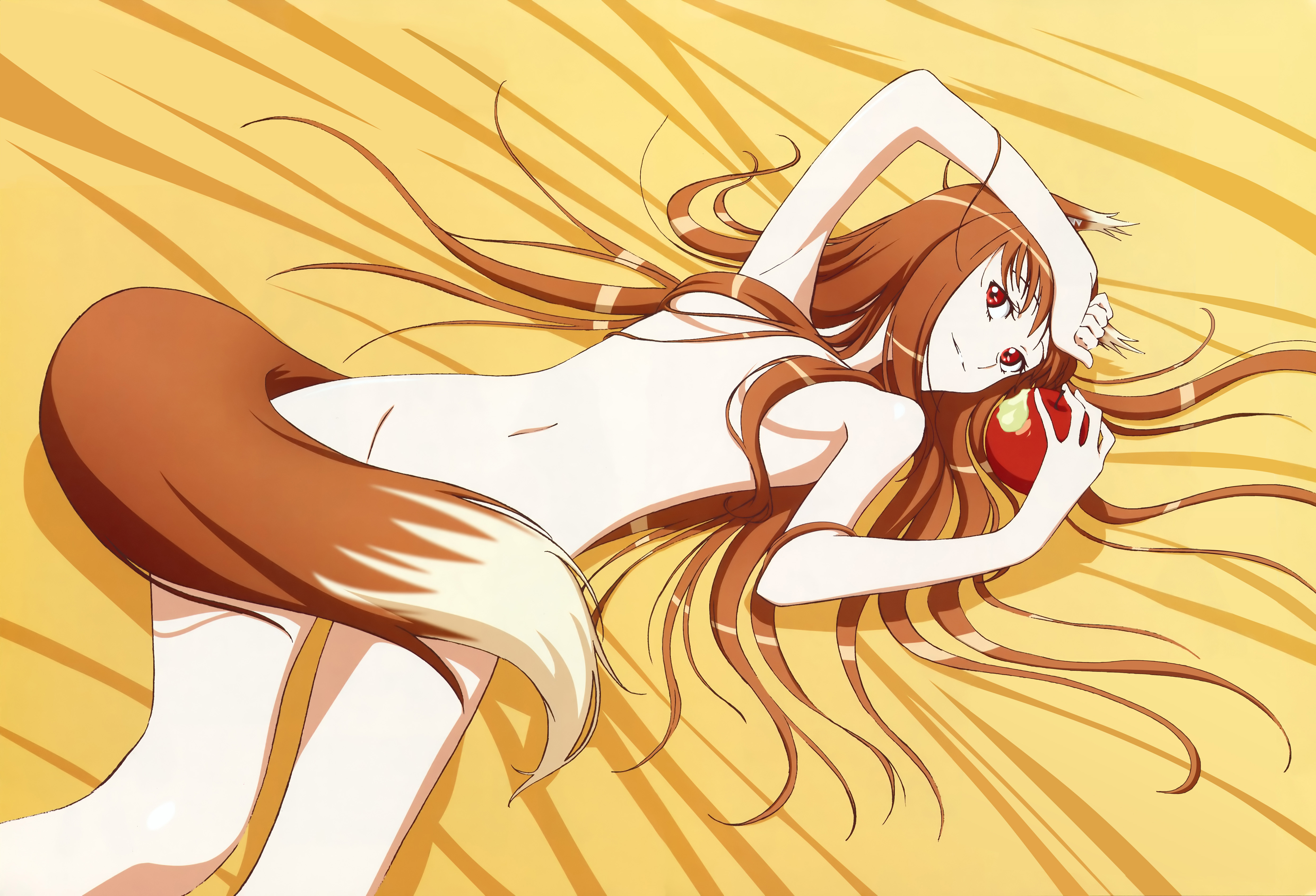 yamakado ikuo, holo, spice and wolf, spice and wolf ii, absurdres, detexted, highres, non-web source, official art, scan, third-party edit, 00s, 1girl, animal ears, apple, arm up, armpits, breasts, brown hair, clenched hand, closed mouth, dutch angle, female focus, food, food bite, from above, fruit, groin, hair censor, hair over breasts, hair spread out, hand on own head, holding, holding food, holding fruit, light smile, long hair, looking at viewer, lying, navel, nude, red eyes, small breasts, smile, solo, tail, tail censor, very long hair, wheat, wolf ears, wolf tail