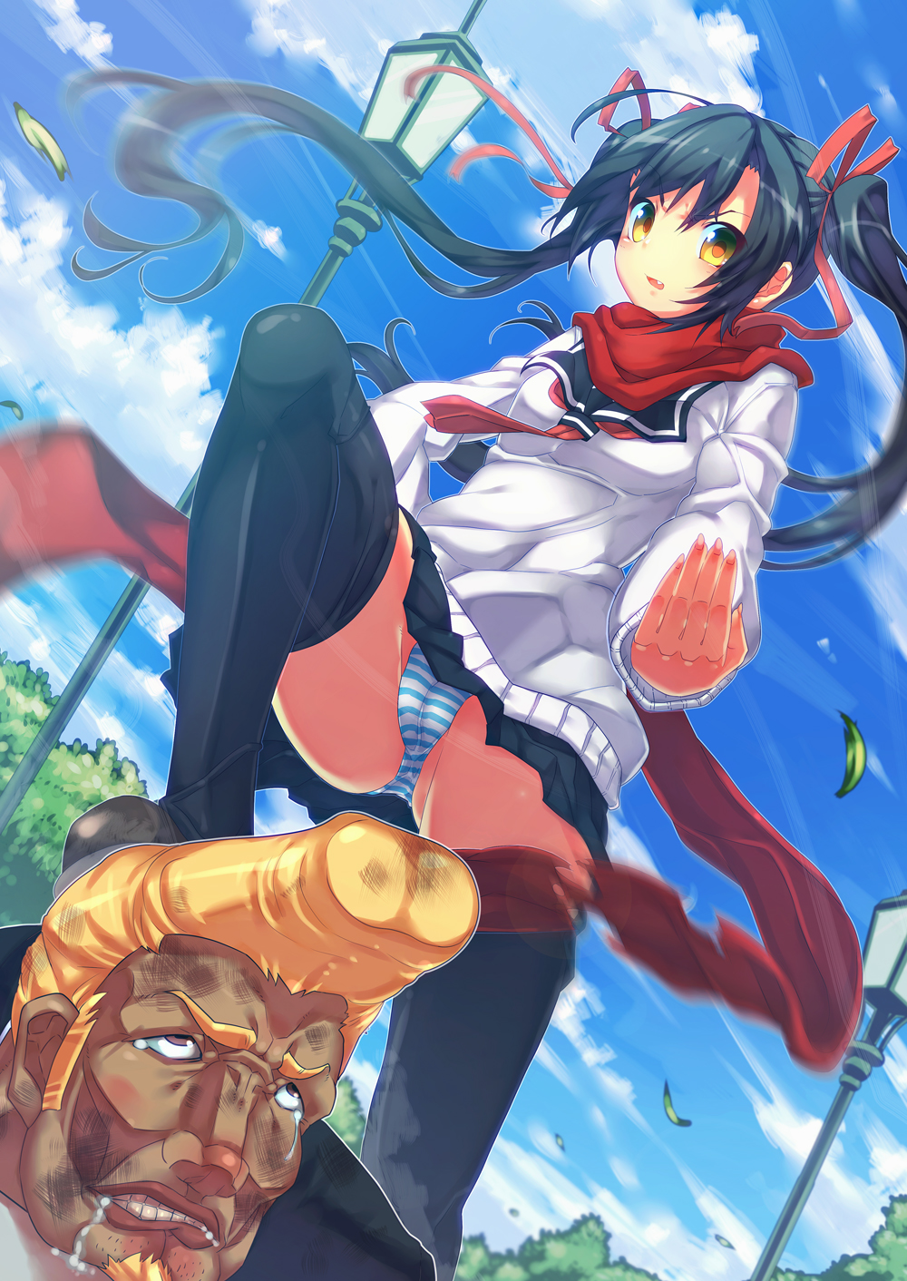 is ii, original, bad id, bad pixiv id, highres, 1boy, 1girl, black hair, black thighhighs, fang, hair ribbon, long hair, panties, pantyshot, pompadour, red scarf, ribbon, scarf, school uniform, serafuku, striped clothes, striped panties, tears, thighhighs, twintails, underwear, yellow eyes