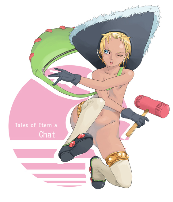 gujira, chat (tales), tales of (series), tales of eternia, bad id, bad pixiv id, translation request, 00s, 1girl, bag, blonde hair, blue eyes, censored, convenient censoring, dark-skinned female, dark skin, earrings, female focus, flat chest, gloves, hammer, hat, jewelry, nude, one eye closed, satchel, short hair, solo, thighhighs, tomboy, wink