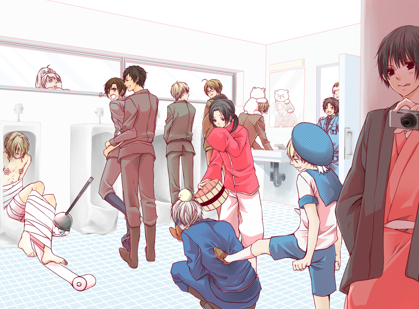 kouki. (hnkouki), america (hetalia), canada (hetalia), china (hetalia), france (hetalia), germany (hetalia), japan (hetalia), kumajirou (hetalia), northern italy (hetalia), prussia (hetalia), russia (hetalia), sealand (hetalia), southern italy (hetalia), spain (hetalia), united kingdom (hetalia), axis powers hetalia, silver hair, bad id, bad pixiv id, 00s, 6+boys, ahoge, barefoot, bathroom, black hair, blonde hair, blue eyes, brown hair, camera, glasses, male focus, multiple boys, plunger, short hair, toilet paper