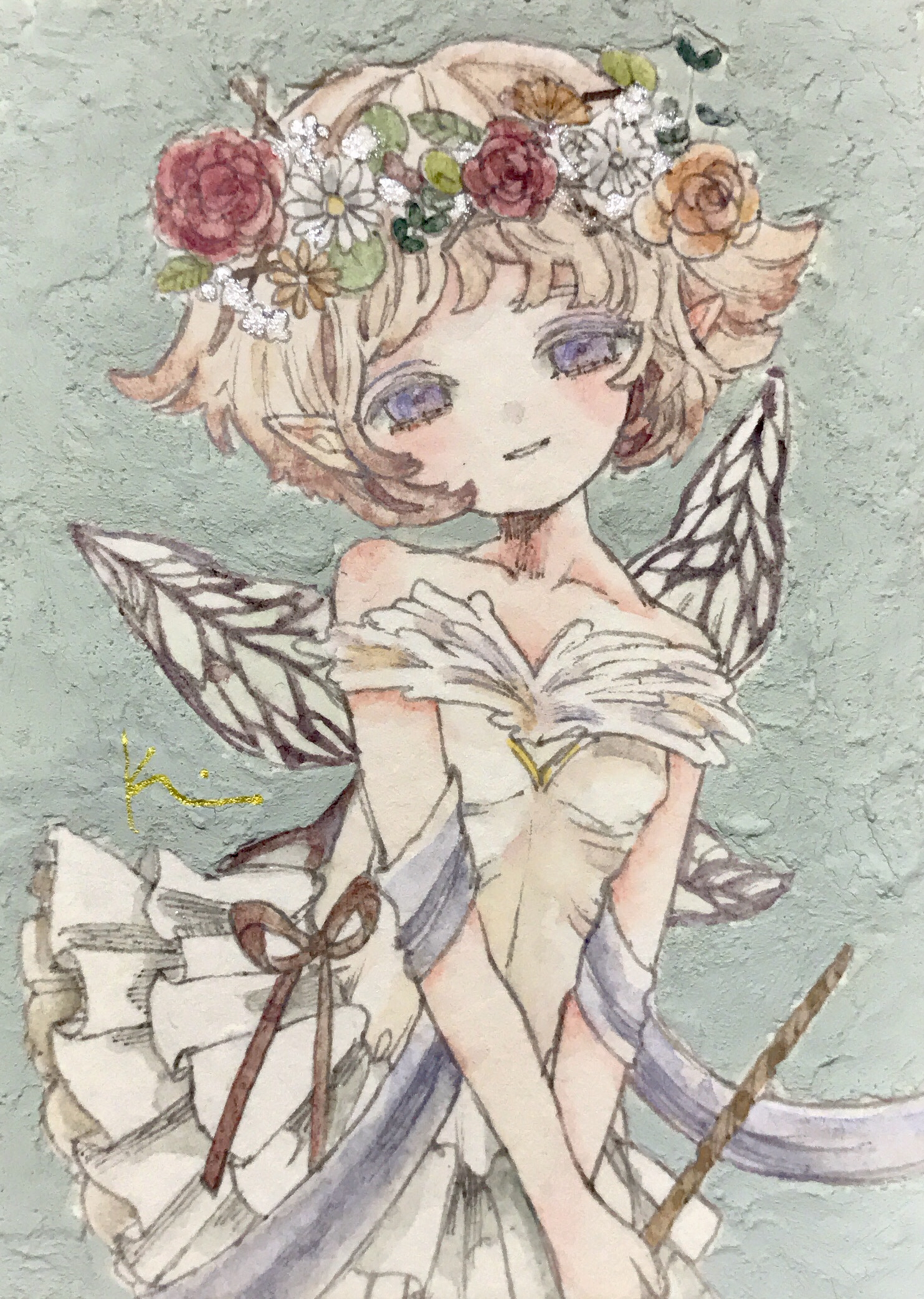 karintoun, original, acrylic paint (medium), commentary request, highres, painting (medium), traditional media, watercolor (medium), 1girl, bare shoulders, blonde hair, blush, bouquet, dress, elf, fairy, fantasy, flower, hair flower, hair ornament, head wreath, holding, holding staff, looking at viewer, parted lips, pointy ears, purple eyes, short hair, signature, simple background, smile, staff, straight-on, upper body, wavy hair, white dress, wings