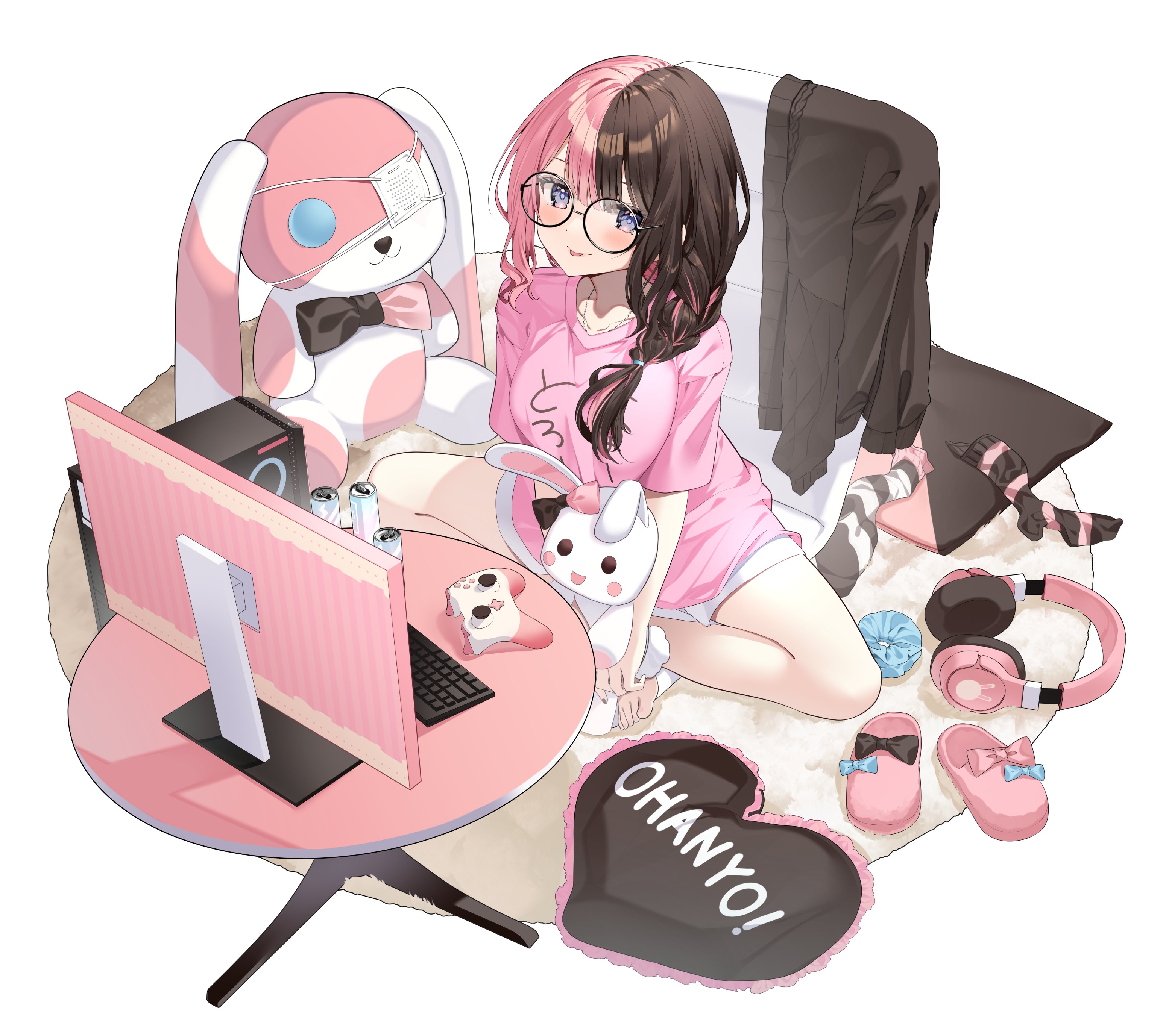 borumete, tachibana hinano, vspo!, absurdres, commentary request, highres, 1girl, black jacket, blue eyes, closed mouth, glasses, greyscale, headphones, jacket, long hair, looking at viewer, monochrome, multicolored hair, pink hair, pink shirt, pink slippers, shirt, short sleeves, shorts, simple background, sitting, slippers, smile, socks, solo, split-color hair, striped clothes, striped socks, stuffed toy, tongue, tongue out, two-tone hair, unworn jacket, unworn socks, virtual youtuber, white background, white shorts