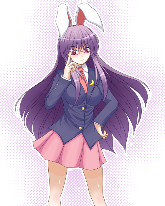 mi (no hito), mi (pixiv18234), reisen udongein inaba, touhou, bad id, bad pixiv id, 1girl, adjusting eyewear, animal ears, bespectacled, blazer, female focus, glasses, jacket, long hair, necktie, purple hair, rabbit ears, red eyes, skirt, solo