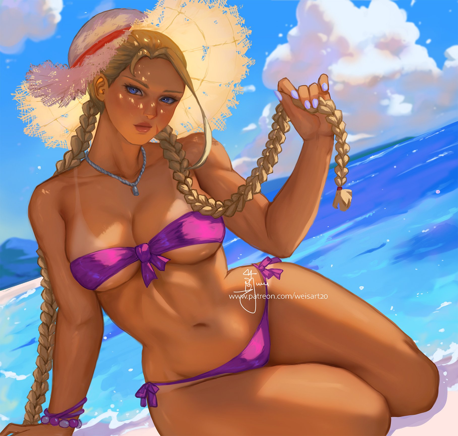 wei (promise 0820), cammy white, street fighter, street fighter 6, commentary, highres, 1girl, beach, bead bracelet, beads, bikini, blonde hair, blue eyes, blue nails, bracelet, braid, breasts, cleavage, closed mouth, hat, jewelry, kneeling, large breasts, long hair, midriff, nail polish, navel, necklace, ocean, outdoors, patreon username, purple bikini, signature, solo, straw hat, sun hat, swimsuit, tan, tanline, thighs, twin braids, underboob, very long hair