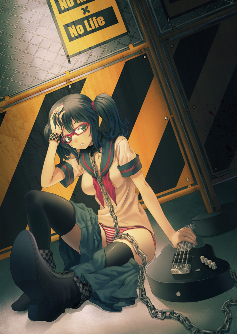 kitiroku, original, 1girl, bass guitar, black hair, black thighhighs, brown eyes, chain, clothes pull, collar, female focus, glasses, guitar, instrument, jewelry, legs, lips, nail polish, open clothes, open skirt, panties, pink nails, red-framed eyewear, red nails, ring, school uniform, serafuku, sitting, skirt, skirt pull, solo, striped clothes, striped panties, thighhighs, twintails, underwear