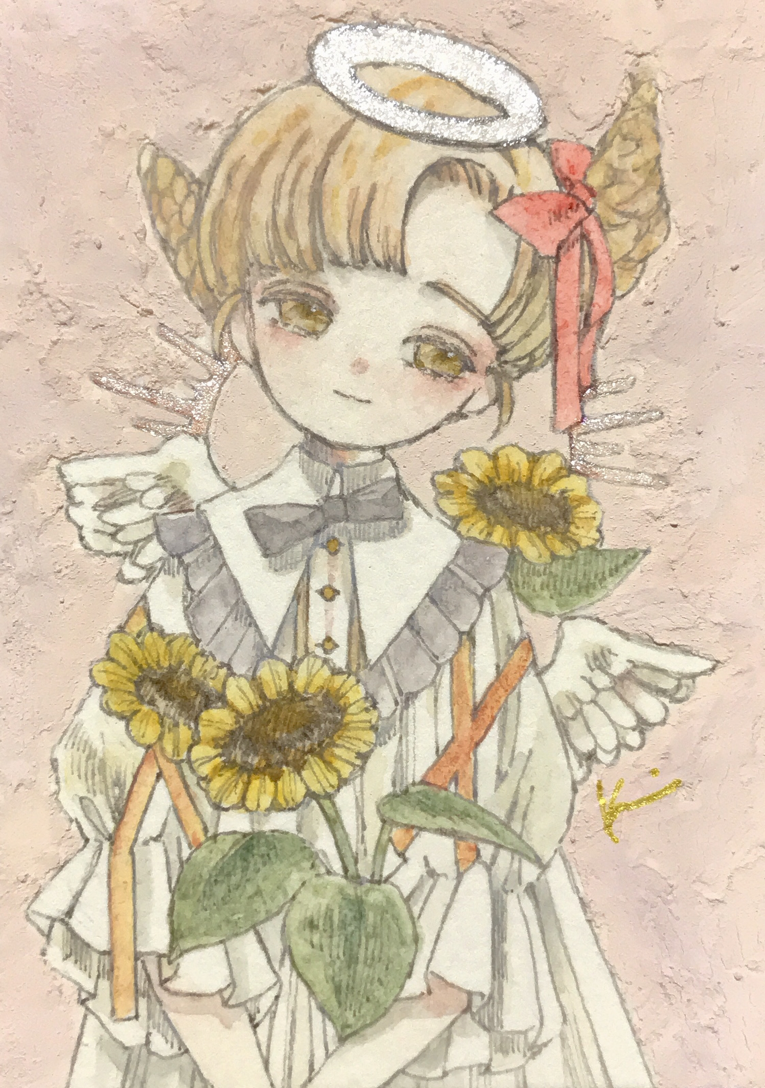 karintoun, original, acrylic paint (medium), commentary request, highres, painting (medium), traditional media, watercolor (medium), 1girl, angel, angel wings, blonde hair, blush, bow, bowtie, braid, brown eyes, closed mouth, dress, flower, hair bow, hair ribbon, halo, parted bangs, pink background, ribbon, short hair, signature, simple background, smile, straight-on, sunflower, upper body, white dress, wings