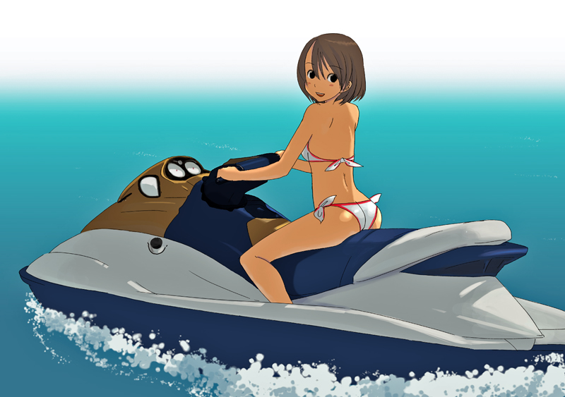 kiriman (souldeep), 1girl, bikini, brown hair, female focus, jet ski, side-tie bikini bottom, solo, swimsuit, vehicle focus, watercraft