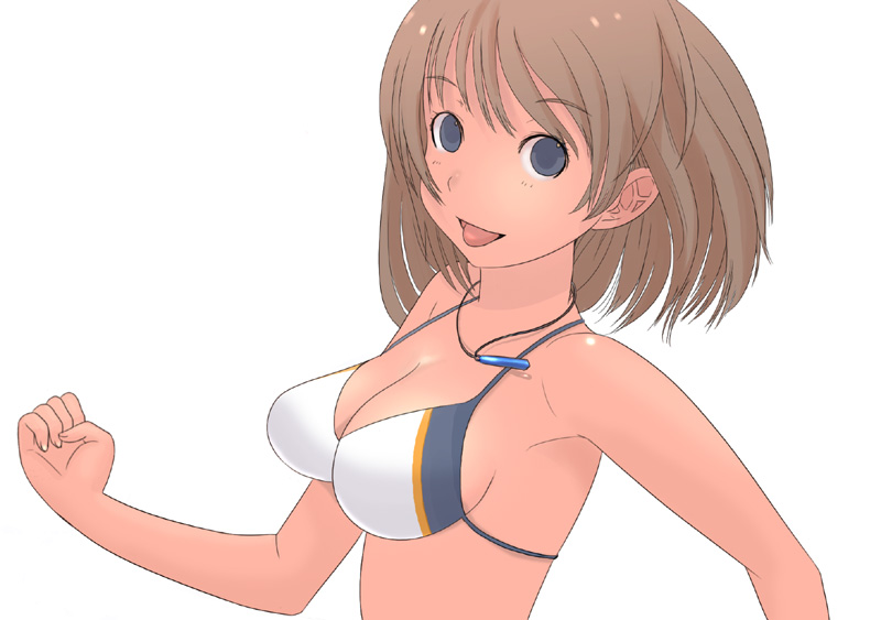 kiriman (souldeep), 1girl, :p, bikini, blue eyes, breasts, brown hair, female focus, jewelry, large breasts, necklace, simple background, solo, swimsuit, tongue, tongue out, white background