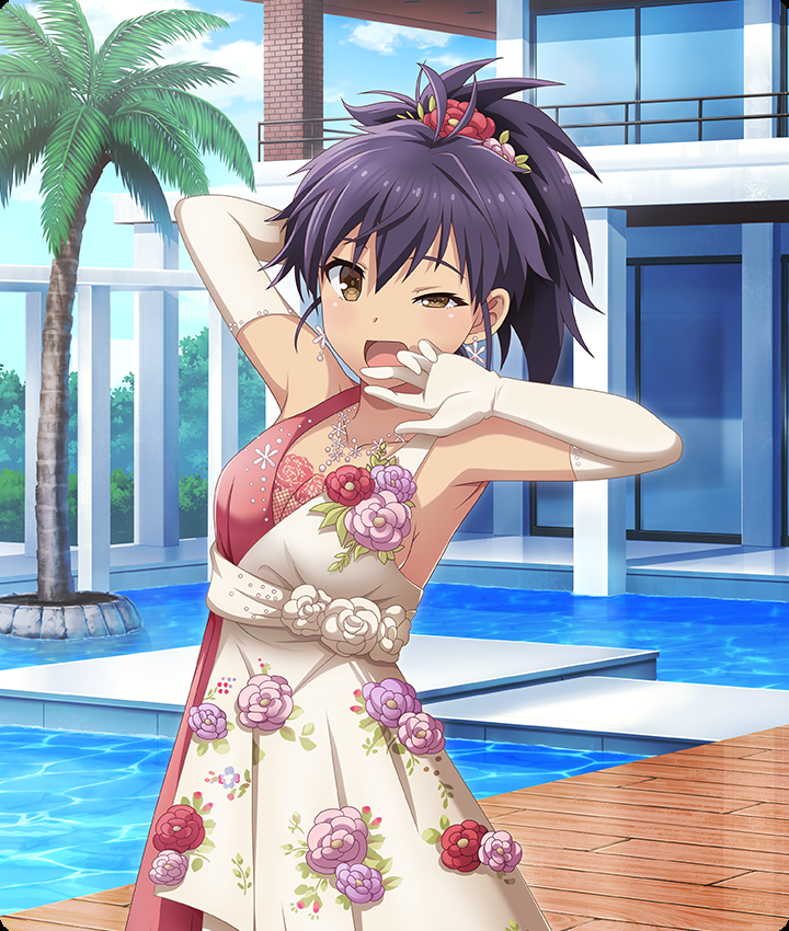 toji no miko, toji no miko: kizamishi issen no tomoshibi, game cg, official art, third-party source, 1girl, arm behind head, armpits, blue sky, breasts, brown eyes, building, collarbone, dot nose, dress, earrings, elbow gloves, etou minato, flower, formal clothes, gloves, hand up, high ponytail, jewelry, looking at viewer, medium breasts, necklace, open mouth, outdoors, palm tree, pink dress, pink flower, pink rose, ponytail, pool, purple flower, purple hair, purple rose, railing, red flower, red rose, rose, see-through cleavage, see-through clothes, short ponytail, sideboob, sky, snowflake earrings, snowflake necklace, solo, tree, two-tone dress, uneven eyes, white dress, white flower, white gloves, white rose, wooden deck, yawning