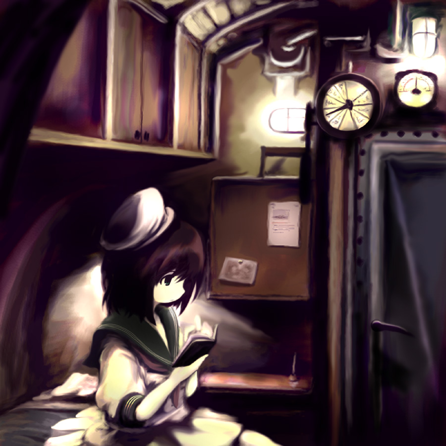 tsubasa (abchipika), murasa minamitsu, touhou, light, 1girl, bed, black hair, book, cowboy shot, door, female focus, from side, hat, indoors, lamp, machinery, open book, pen, photo (object), pillow, reading, sailor collar, school uniform, serafuku, short sleeves, sitting, solo, table, train, valve, writing