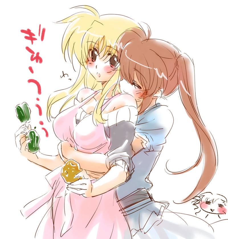 tokoharu, fate testarossa, takamachi nanoha, vivio, lyrical nanoha, mahou shoujo lyrical nanoha, mahou shoujo lyrical nanoha strikers, 00s, 2girls, = =, apron, blonde hair, blush, breasts, brown hair, chibi, chibi inset, closed eyes, family, hug, hug from behind, long hair, mother and daughter, multiple girls, red eyes, side ponytail, smile, yuri