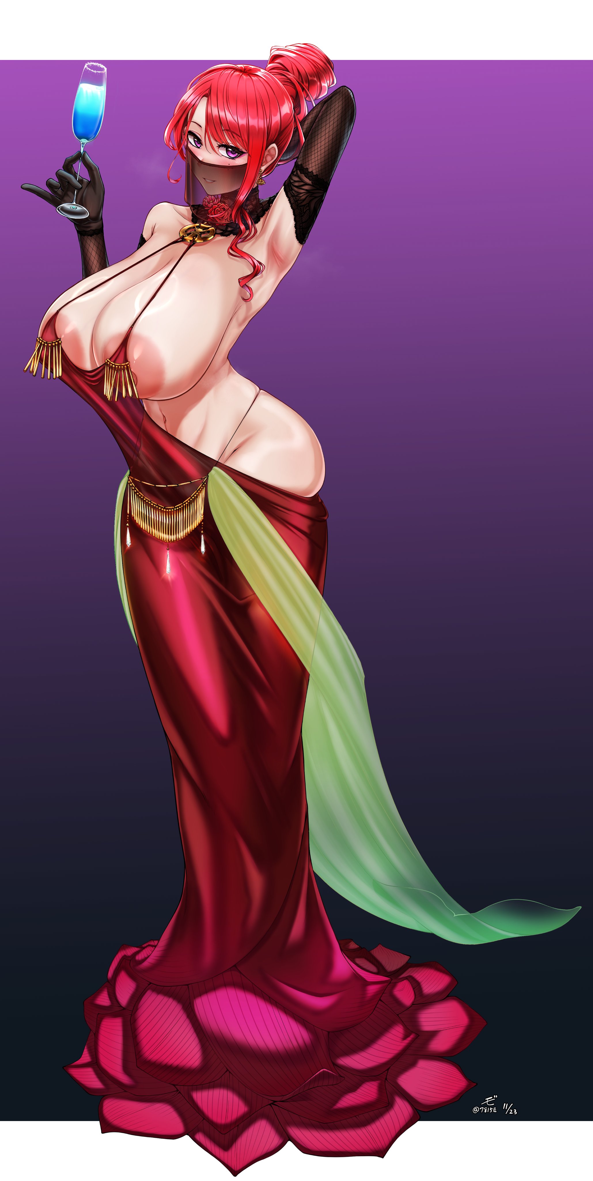 ebi (il14021), hongryeon (last origin), last origin, commission, skeb commission, 1girl, areola slip, arm behind head, armpits, black collar, black gloves, black panties, blush, breasts, cleavage, cocktail dress, collar, detached collar, dress, drink, earrings, elbow gloves, flower, gloves, hair bun, hair up, highleg, highleg panties, holding, holding drink, huge breasts, jewelry, lace, lace collar, lace gloves, lips, lowleg, mole, mole under eye, mouth veil, navel, nipple slip, nipples, panties, pinky out, purple background, purple eyes, red dress, red hair, revealing clothes, rose, see-through clothes, see-through veil, sideless dress, single hair bun, skindentation, smile, solo, standing, underwear, updo, veil, wide hips