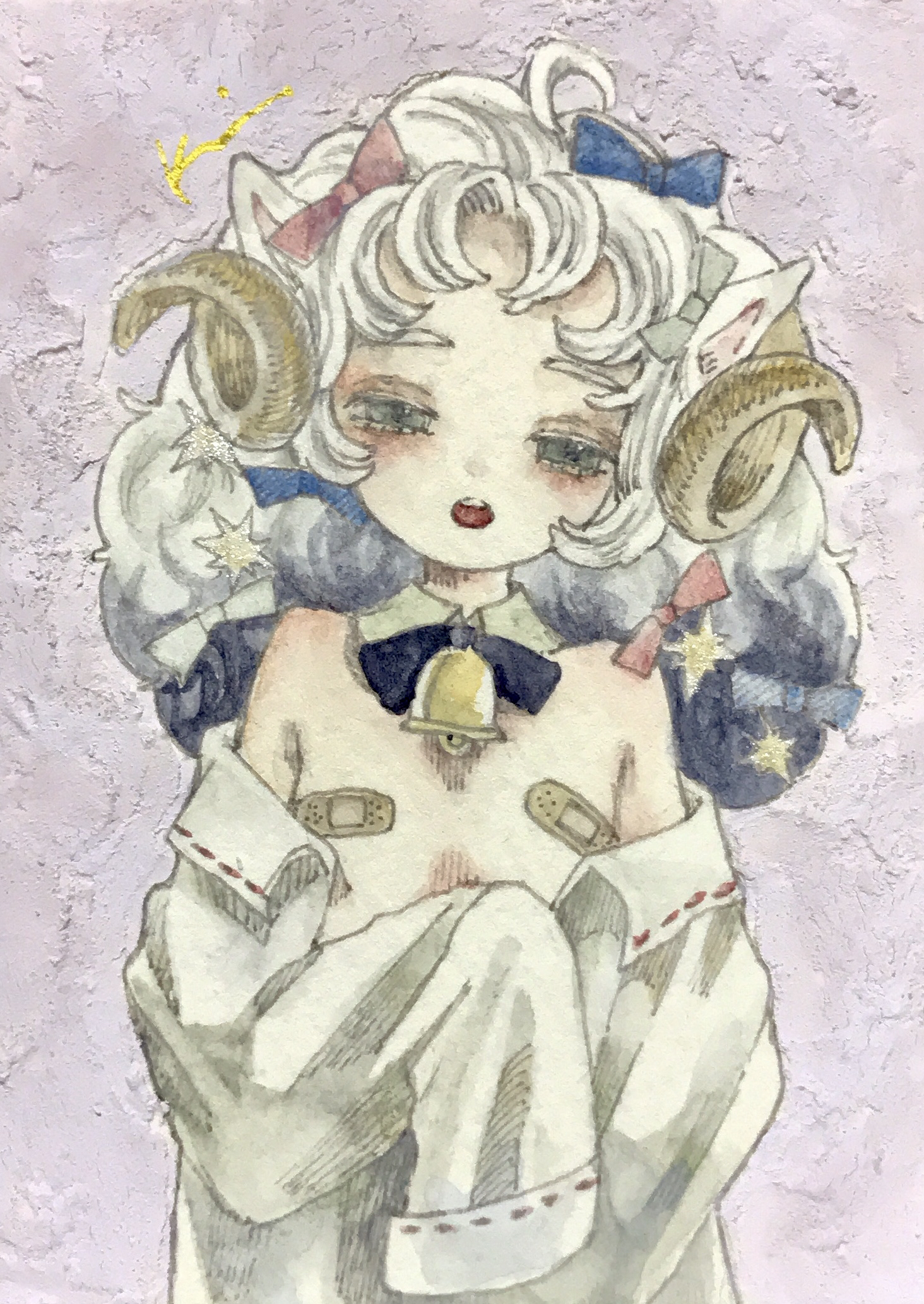 karintoun, original, acrylic paint (medium), commentary request, highres, painting (medium), traditional media, watercolor (medium), 1girl, animal ears, bandages, bare shoulders, bell, blush, bow, coat, covered erect nipples, curly hair, expressionless, hair bow, hair ribbon, holding, horns, long hair, looking at viewer, off-shoulder coat, off shoulder, open mouth, pastel colors, ribbon, signature, simple background, straight-on, upper body, wavy hair, white hair