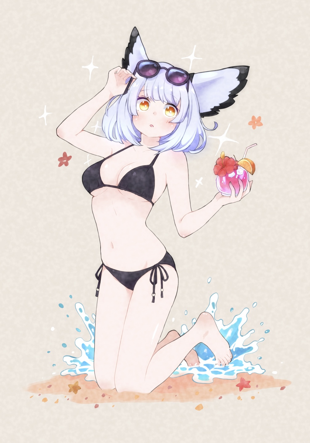 heka=ton, ptilopsis (arknights), arknights, commentary request, highres, 1girl, animal ears, arm up, bare arms, bare legs, bare shoulders, barefoot, bendy straw, bikini, black-framed eyewear, black bikini, blush, breasts, brown background, cup, drinking glass, drinking straw, eyewear on head, flower, full body, grey hair, groin, hand up, hibiscus, holding, holding cup, medium breasts, navel, orange eyes, parted lips, purple-tinted eyewear, red flower, sand, side-tie bikini bottom, simple background, solo, sunglasses, swimsuit, tinted eyewear, water