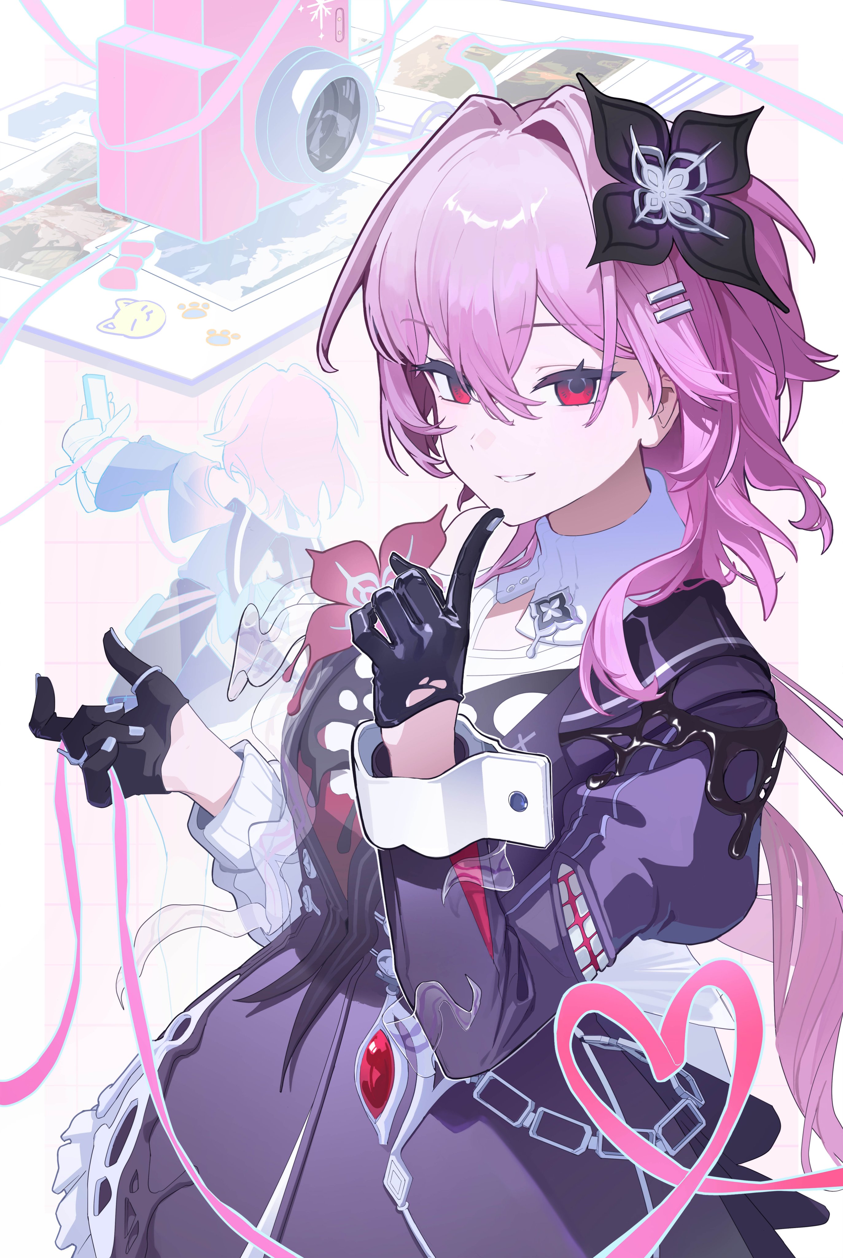 malyn official, evernight (honkai: star rail), march 7th (honkai: star rail), march 7th (preservation) (honkai: star rail), honkai: star rail, honkai (series), absurdres, commentary request, highres, korean commentary, 1girl, asymmetrical sleeves, camera, chain, dress, finger to mouth, flower, gem, gloves, hair between eyes, hair flower, hair intakes, hair ornament, hairclip, jewelry, layered dress, long hair, looking at viewer, mismatched sleeves, parallel hairclips, photo (object), pink hair, pink ribbon, red eyes, red gemstone, ribbon, ring, shushing, sleeve cuffs, smile