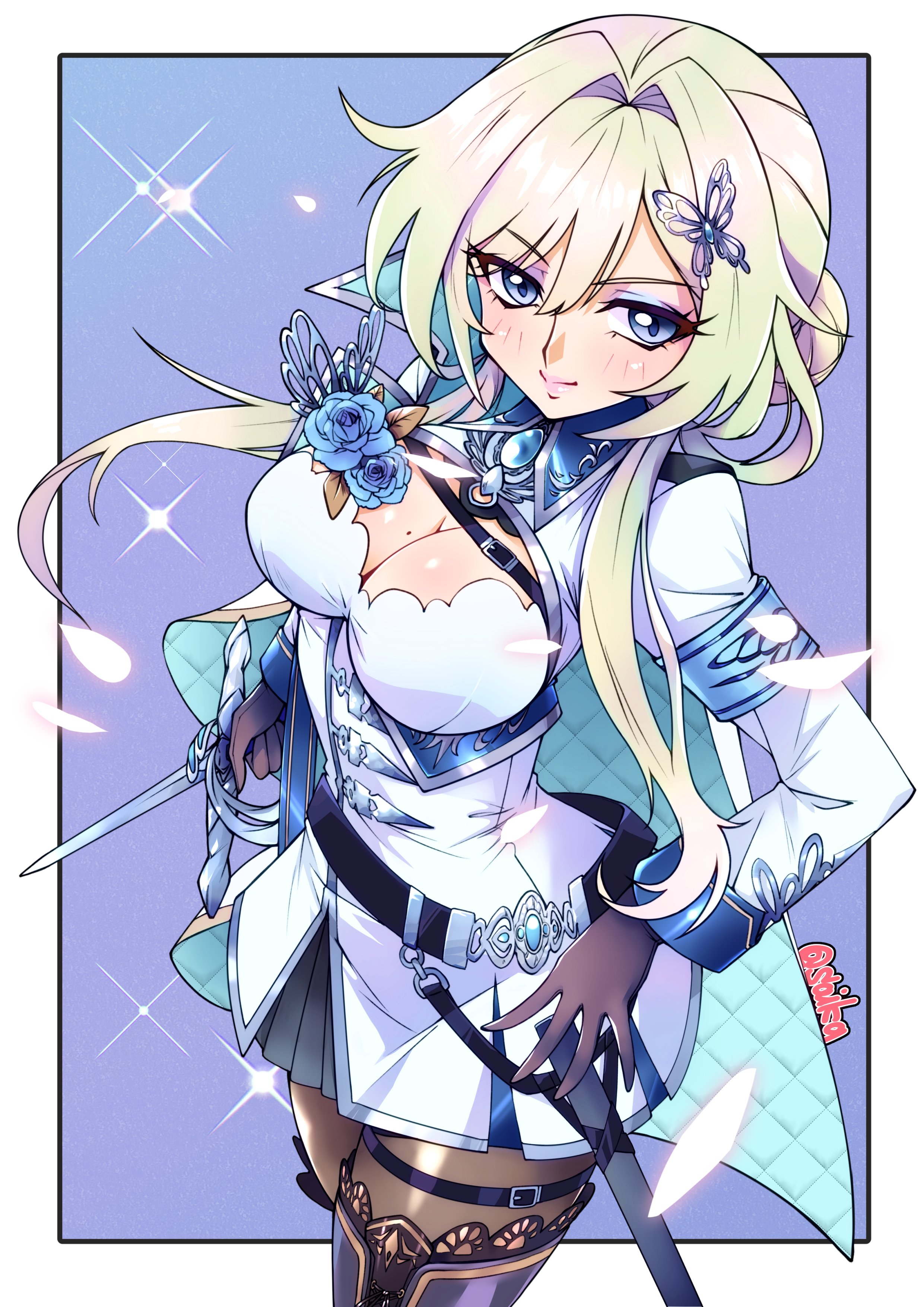 saika (pixiv43370196), wilhelmina frost, phase connect, absurdres, commentary, english commentary, highres, second-party source, armband, belt, belt buckle, black pantyhose, blonde hair, blue eyes, breasts, brooch, buckle, butterfly hair ornament, cleavage, hair intakes, hair ornament, hairclip, holding, holding sword, holding weapon, jewelry, mole, mole on breast, outside border, pantyhose, scabbard, sheath, sword, thighhighs, virtual youtuber, weapon