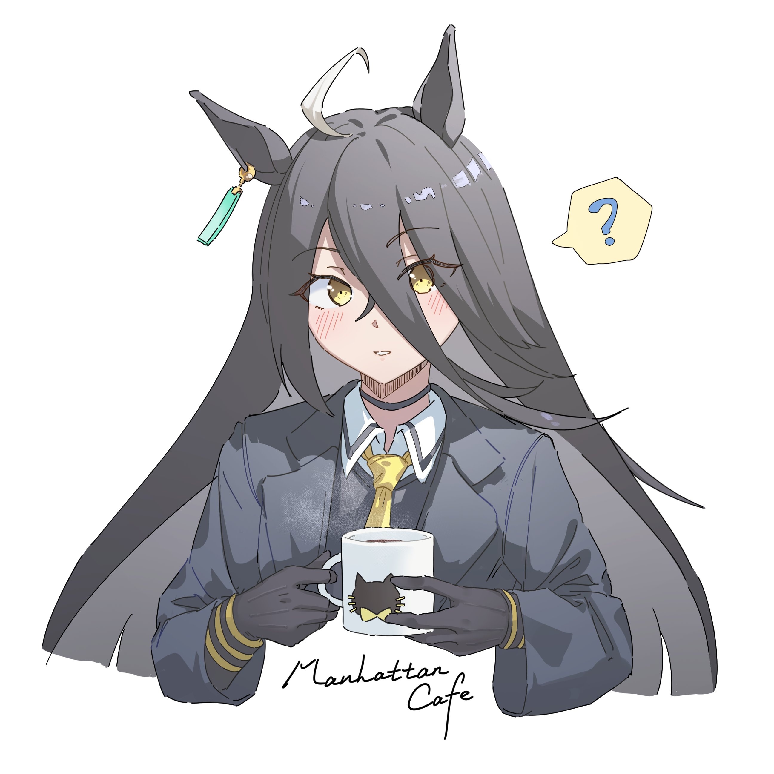 yirga, cuo, manhattan cafe (creeping shadow) (umamusume), manhattan cafe (umamusume), umamusume, absurdres, commentary, english commentary, highres, 1girl, ?, ahoge, animal ears, black choker, black coat, black gloves, black hair, black shirt, blush, choker, coat, coffee, coffee mug, collared shirt, cropped torso, cup, ear tag, earrings, gloves, hair between eyes, horse ears, horse girl, jewelry, long bangs, long hair, long hair between eyes, long sleeves, looking at viewer, mug, multicolored hair, necktie, parted lips, shirt, single earring, solo, speech bubble, spoken question mark, very long hair, white hair, yellow eyes, yellow necktie