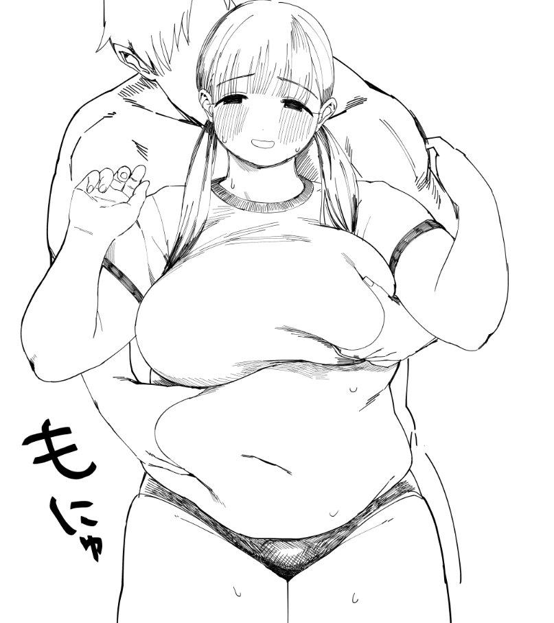 morisoba (silent hill), original, commentary request, 1boy, 1girl, breasts, buruma, fat, grabbing another's breast, grabbing another's stomach, grabbing from behind, groping, gym uniform, large breasts, long hair, love handles, simple background, twintails, white background