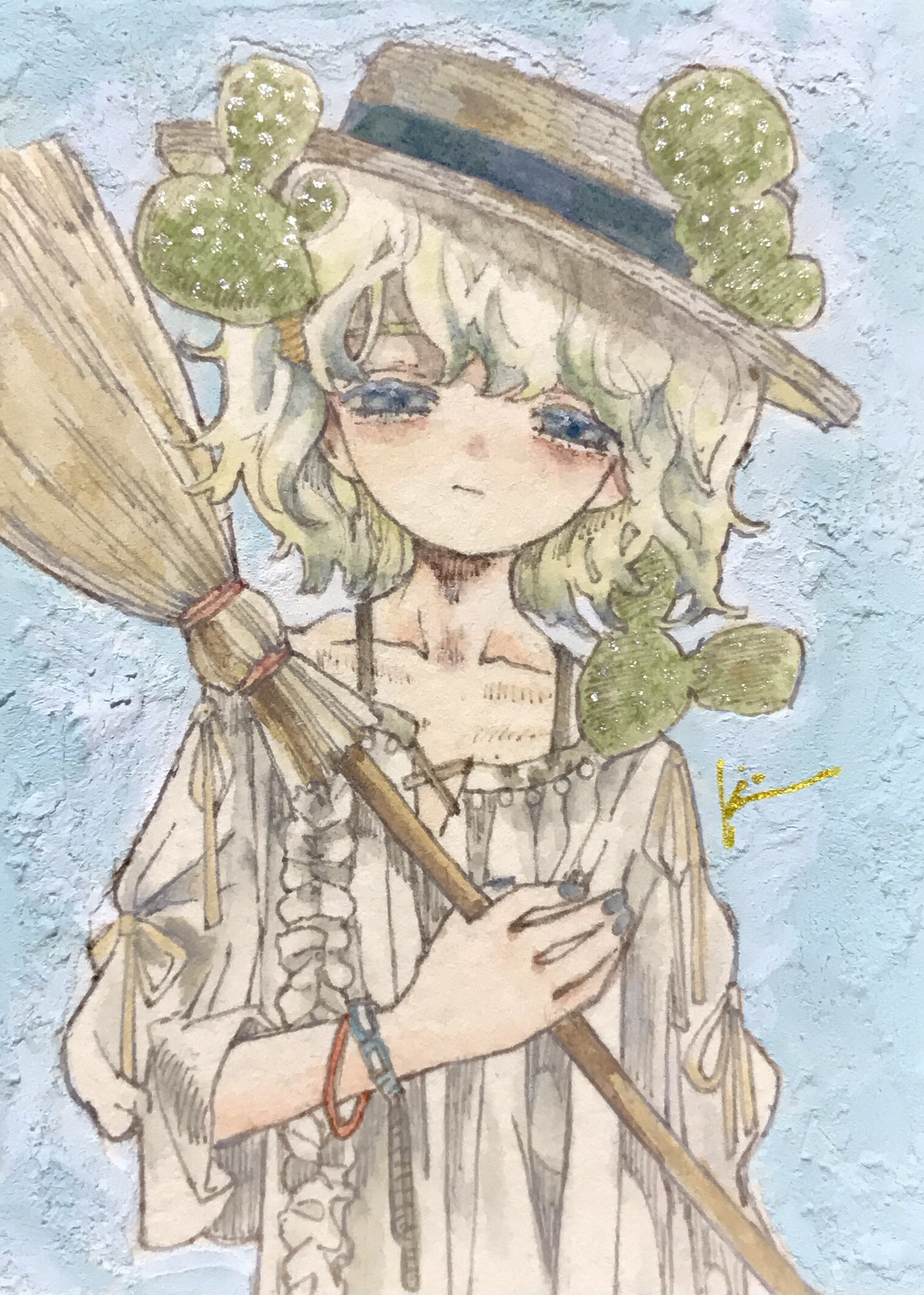 karintoun, original, acrylic paint (medium), commentary request, highres, painting (medium), traditional media, watercolor (medium), 1girl, blonde hair, blue eyes, blunt bangs, blush, bracelet, broom, cactus, closed mouth, dress, expressionless, hat, holding, holding broom, jewelry, long sleeves, looking at viewer, outdoors, short hair, signature, simple background, standing, straight-on, straw hat, upper body, white dress