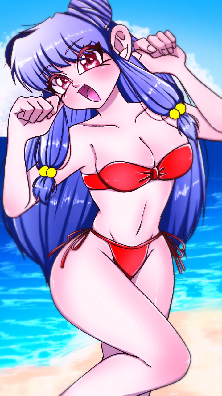 shampoo (ranma 1/2), ranma 1/2, artist request, commentary request, highres, 1girl, bikini, breasts, cleavage, large breasts, long hair, looking at viewer, pink eyes, purple hair, smile, solo, swimsuit