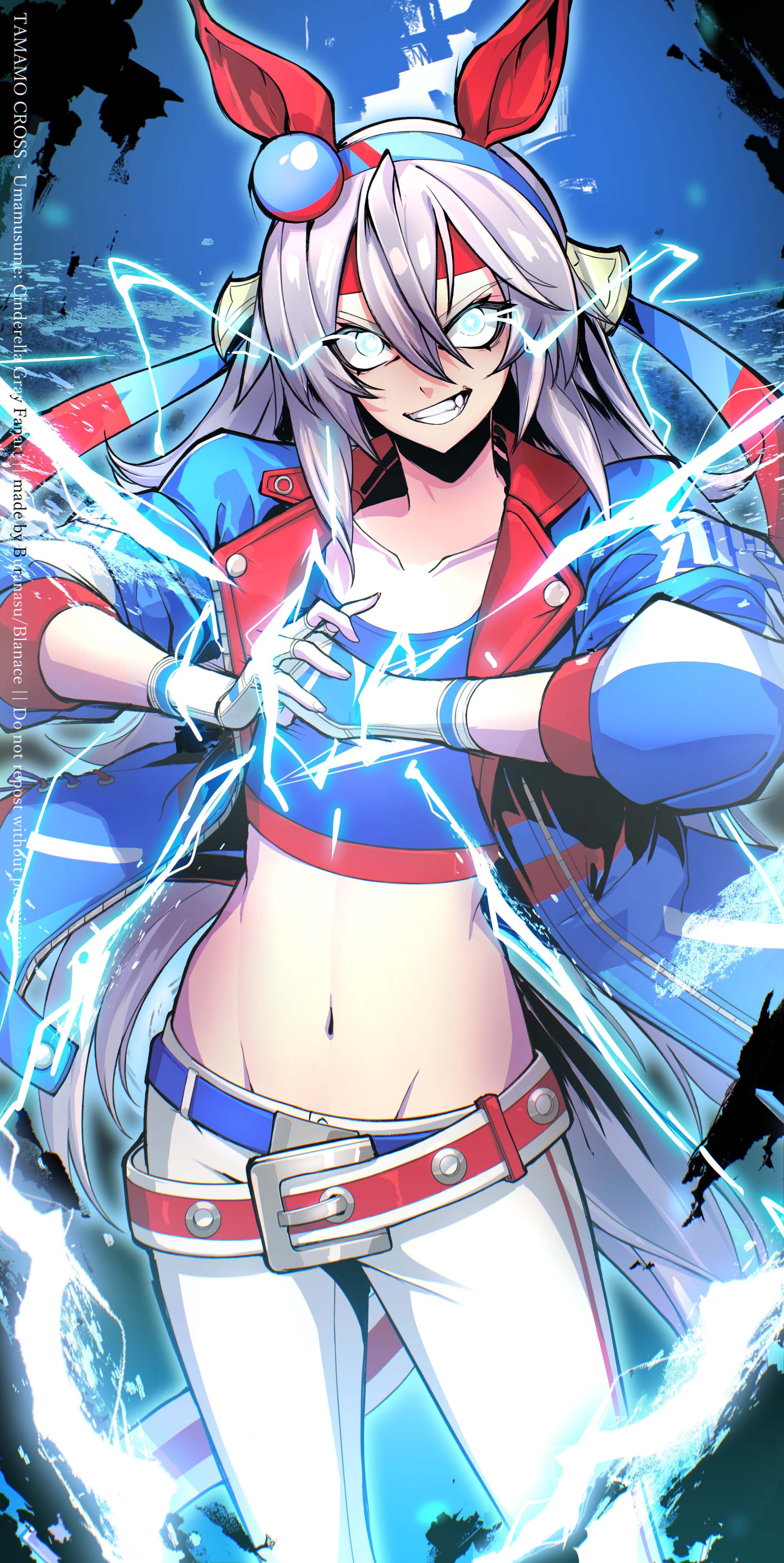 blanace, tamamo cross (umamusume), tamamo cross (with lightning speed) (umamusume), umamusume, umamusume: cinderella gray, absurdres, commentary request, highres, 1girl, animal ears, belt, blue eyes, blue hairband, blue jacket, blue sports bra, breasts, collarbone, crop top, ear covers, electricity, eye trail, fang, fingerless gloves, gloves, grey hair, grey tail, grin, hair between eyes, hairband, headband, horse ears, horse girl, horse tail, jacket, light trail, lightning, lightning bolt print, lightning bolt symbol, long hair, long sleeves, looking at viewer, midriff, navel, open mouth, pants, red belt, red headband, small breasts, smile, solo, sports bra, striped clothes, striped hairband, tail, teeth, very long hair, white pants
