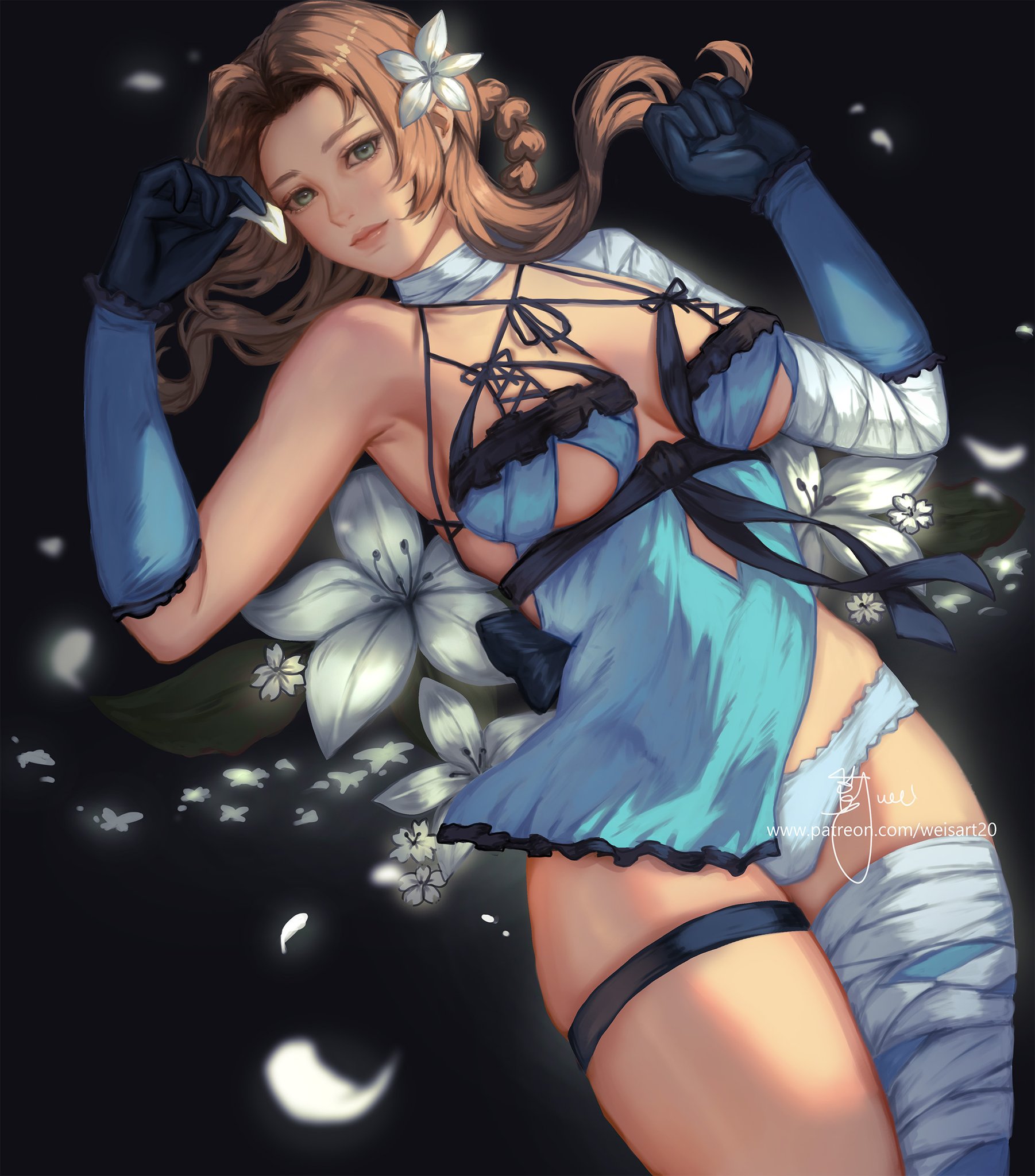 wei (promise 0820), aerith gainsborough, kaine (nier), final fantasy, final fantasy vii, final fantasy vii: ever crisis, nier, nier (series), highres, 1girl, aerith gainsborough (garb of the possessed), bandaged arm, bandaged leg, bandaged neck, bandages, black gloves, blue negligee, blue sleeves, braid, braided hair rings, breasts, brown hair, cleavage, closed mouth, cosplay, cowboy shot, falling petals, flower, gloves, green eyes, hair flower, hair ornament, hair rings, kaine (nier) (cosplay), lingerie, long hair, looking at viewer, medium breasts, negligee, official alternate costume, panties, parted bangs, patreon username, petals, sideboob, sidelocks, sign, single bare shoulder, solo, thigh strap, underboob, underwear, white flower, white panties, white petals