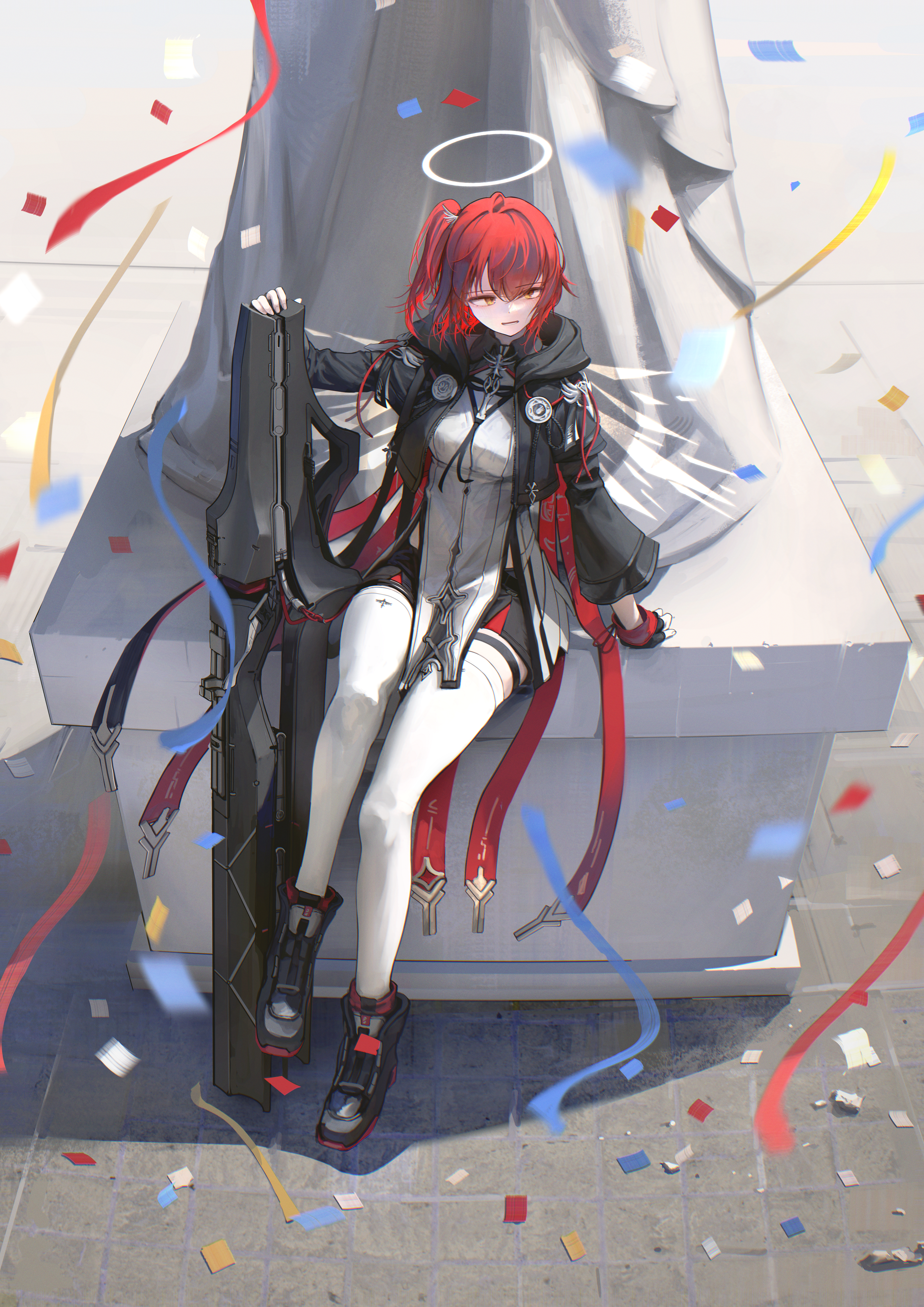 kusami toka naku au, exusiai (arknights), exusiai the new covenant (arknights), arknights, absurdres, commentary request, highres, angel wings, black boots, black gloves, black jacket, boots, breasts, fingerless gloves, gloves, halo, jacket, long hair, medium breasts, official alternate costume, official alternate hair length, official alternate hairstyle, red hair, shirt, thighhighs, thighs, white shirt, white thighhighs, wings, yellow eyes