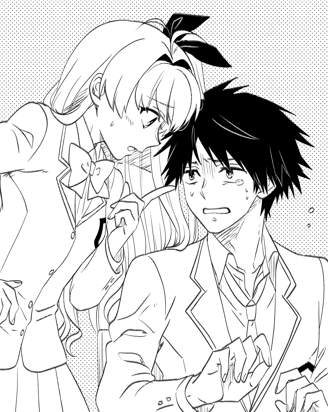 ikuhashi muiko, nishijou takumi, sakihata rimi, chaos;head, science adventure, commentary request, highres, 1boy, 1girl, black hair, blazer, blush, dress shirt, fingernails, jacket, long hair, long sleeves, monochrome, nervous sweating, open collar, open mouth, school emblem, school uniform, shirt, skirt, suimei academy school uniform, sweat, tearing up, tongue