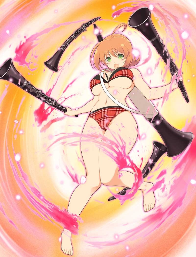 kosuzu (senran kagura), senran kagura, senran kagura new wave, official art, 1girl, :d, ahoge, barefoot, bow, bow bra, bra, breasts, clarinet, cleavage, dual wielding, energy, green eyes, groin, holding, instrument, large breasts, light particles, linea alba, looking at viewer, medium hair, navel, official alternate costume, open mouth, orange hair, oversized object, panties, plaid bra, plaid clothes, plaid panties, red bra, red panties, shiny skin, smile, solo, underboob, underwear, vortex