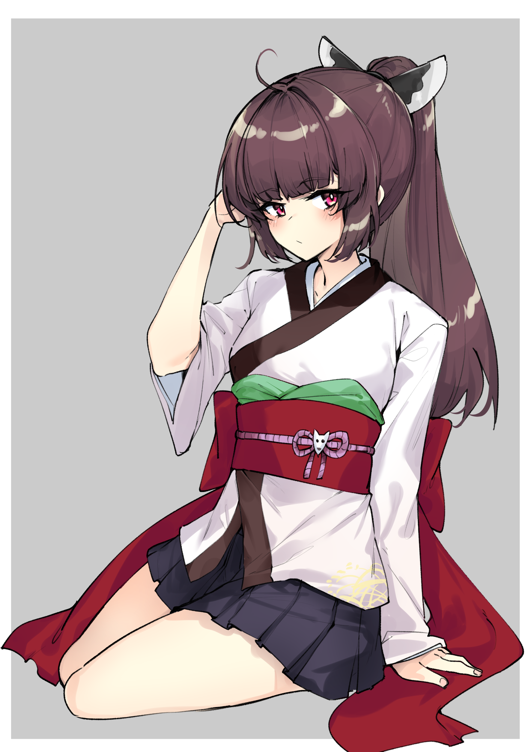 zooanime, touhoku kiritan, voiceroid, absurdres, commentary request, highres, 1girl, black skirt, brown hair, closed mouth, full body, grey background, headgear, japanese clothes, kimono, long hair, long sleeves, looking at viewer, obi, pleated skirt, ponytail, red eyes, sash, simple background, sitting, skirt, sleeves past wrists, solo, white kimono, wide sleeves, yokozuwari