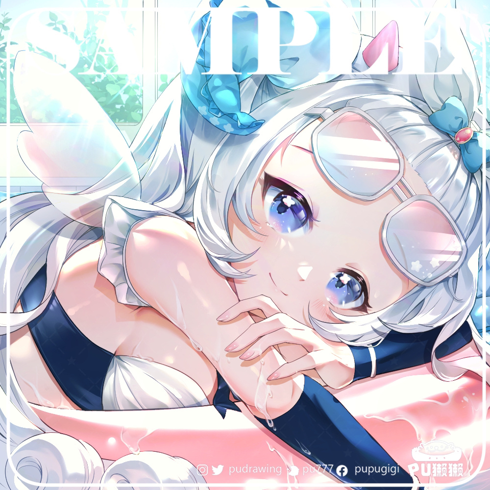 pupugigi, original, commentary request, commission, 1girl, bangs pinned back, bare shoulders, blue bow, blue eyes, blurry, blurry background, blush, bow, breasts, closed mouth, day, depth of field, eyewear on head, from side, grey-framed eyewear, grey hair, hair bow, hair ribbon, horns, indoors, innertube, long hair, looking at viewer, lying, medium breasts, mini wings, on stomach, parted bangs, ribbon, sample watermark, smile, solo, swim ring, transparent wings, upper body, watermark, white ribbon, window, wings