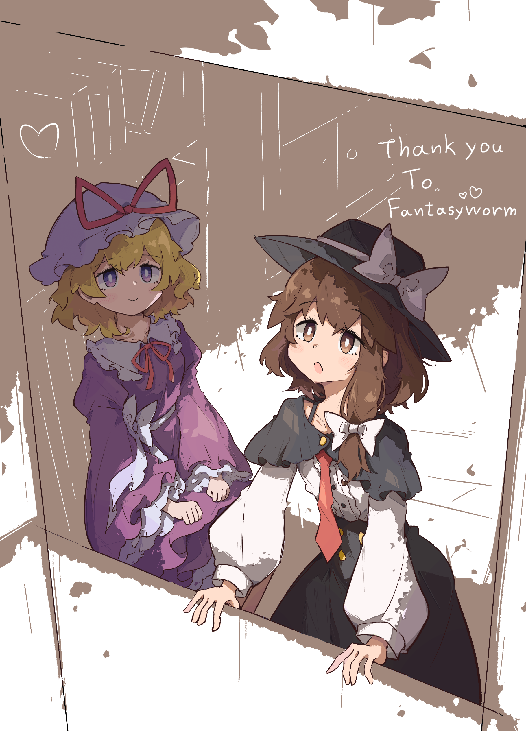 primsla, maribel hearn, usami renko, touhou, absurdres, commentary request, highres, 2girls, black capelet, black skirt, blonde hair, bow, brown eyes, brown hair, capelet, closed mouth, dress, english text, hair bow, hat, hat bow, hat ribbon, long hair, long sleeves, mob cap, multiple girls, neck ribbon, necktie, open mouth, purple dress, red necktie, red ribbon, ribbon, shirt, shirt tucked in, sitting, skirt, smile, white bow, white shirt