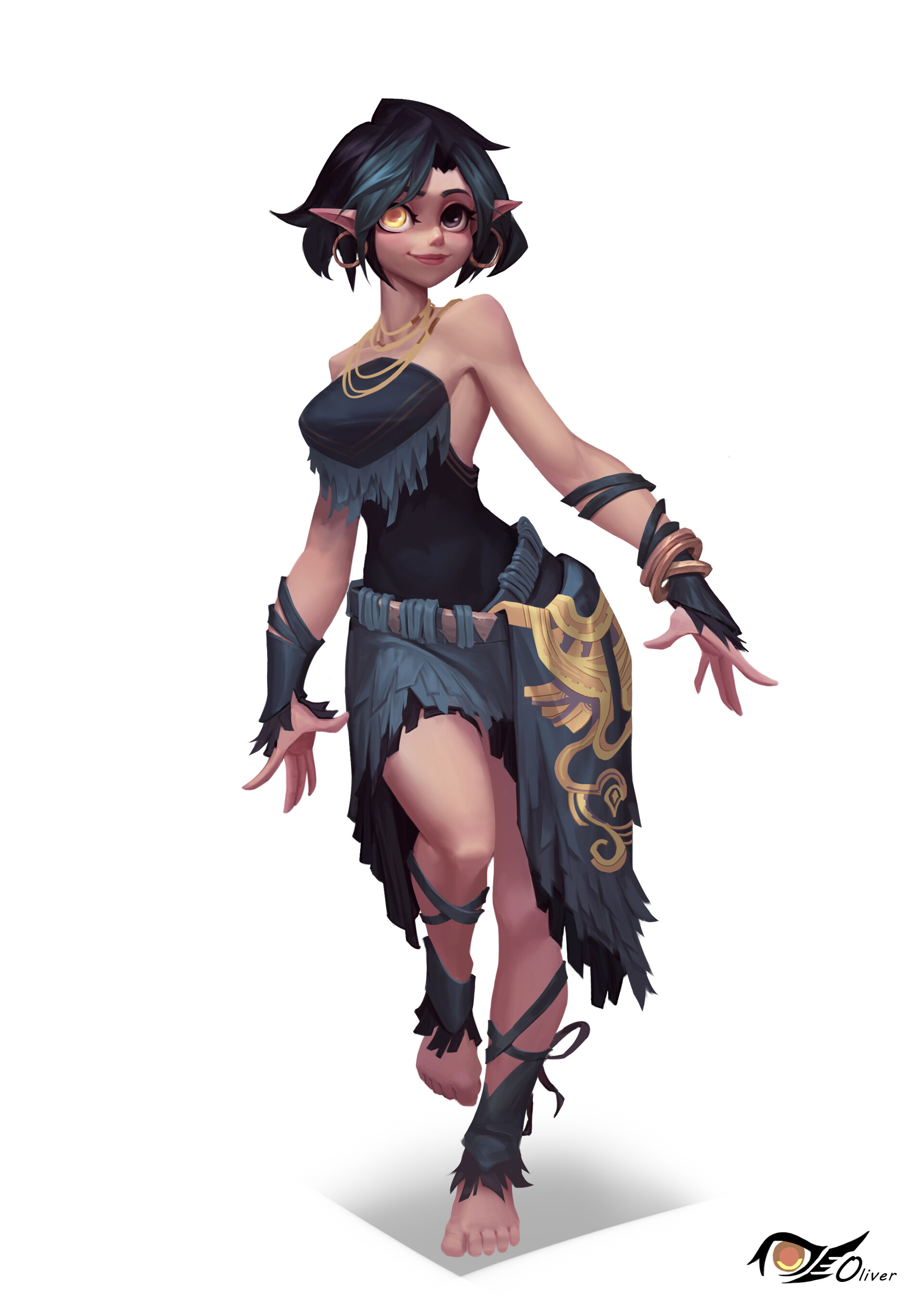 qifeng lin, absurdres, highres, 1girl, bare shoulders, black hair, bracelet, breasts, dress, earrings, elf, feet, full body, heterochromia, jewelry, medium breasts, pointy ears, short hair, smile, white background