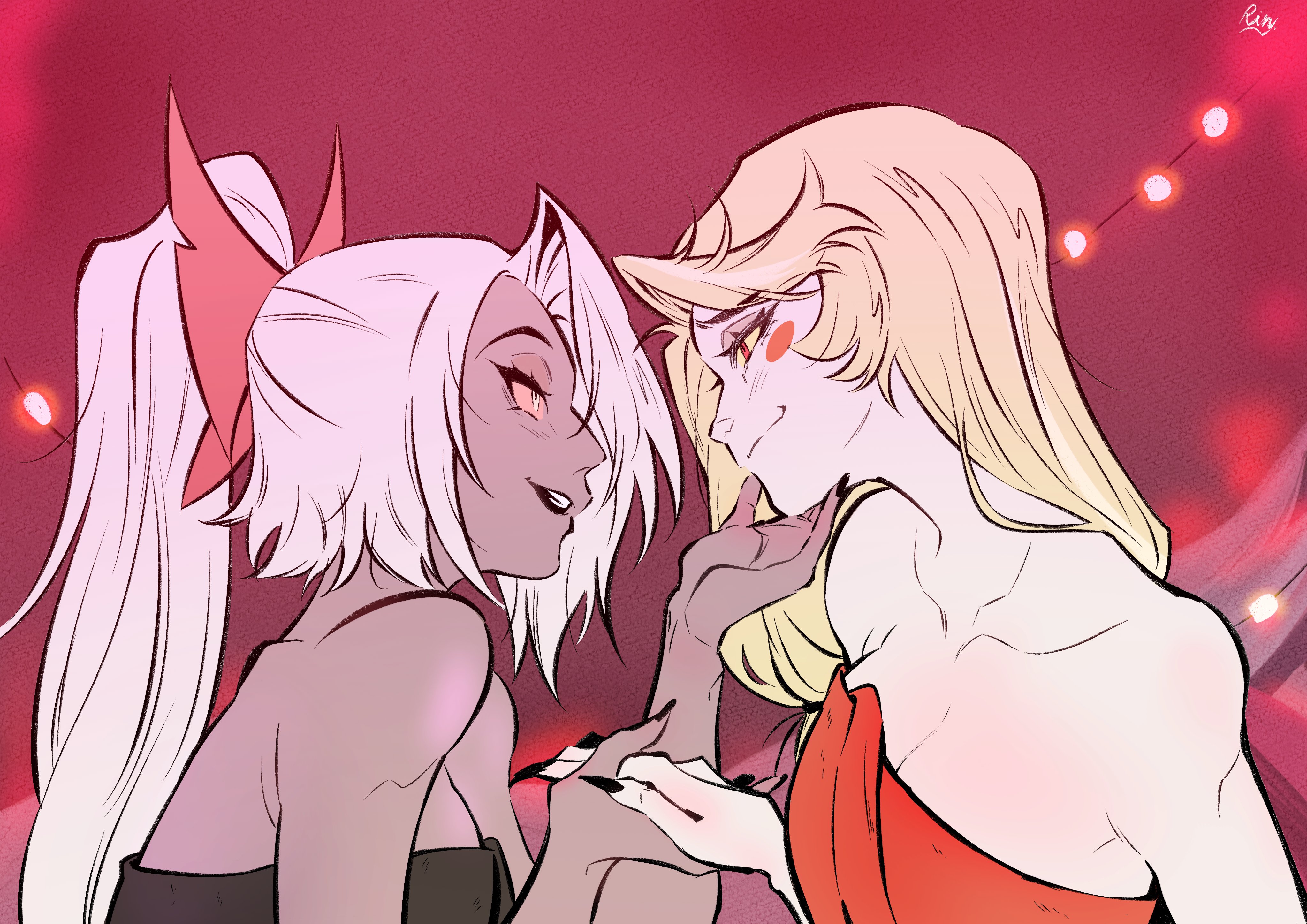 charlie morningstar, vaggie, hazbin hotel, hellaverse, absurdres, commentary, english commentary, highres, 2girls, bare shoulders, black nails, blonde hair, bow, breasts, circle facial mark, colored sclera, colored skin, couple, eye contact, fingernails, grey hair, grey skin, hair bow, hand on another's chin, hand on another's face, holding hands, light blush, long fingernails, looking at another, multiple girls, pink sclera, ponytail, raccoon 404, red bow, red eyes, sharp fingernails, smile, yellow eyes, yellow sclera, yuri