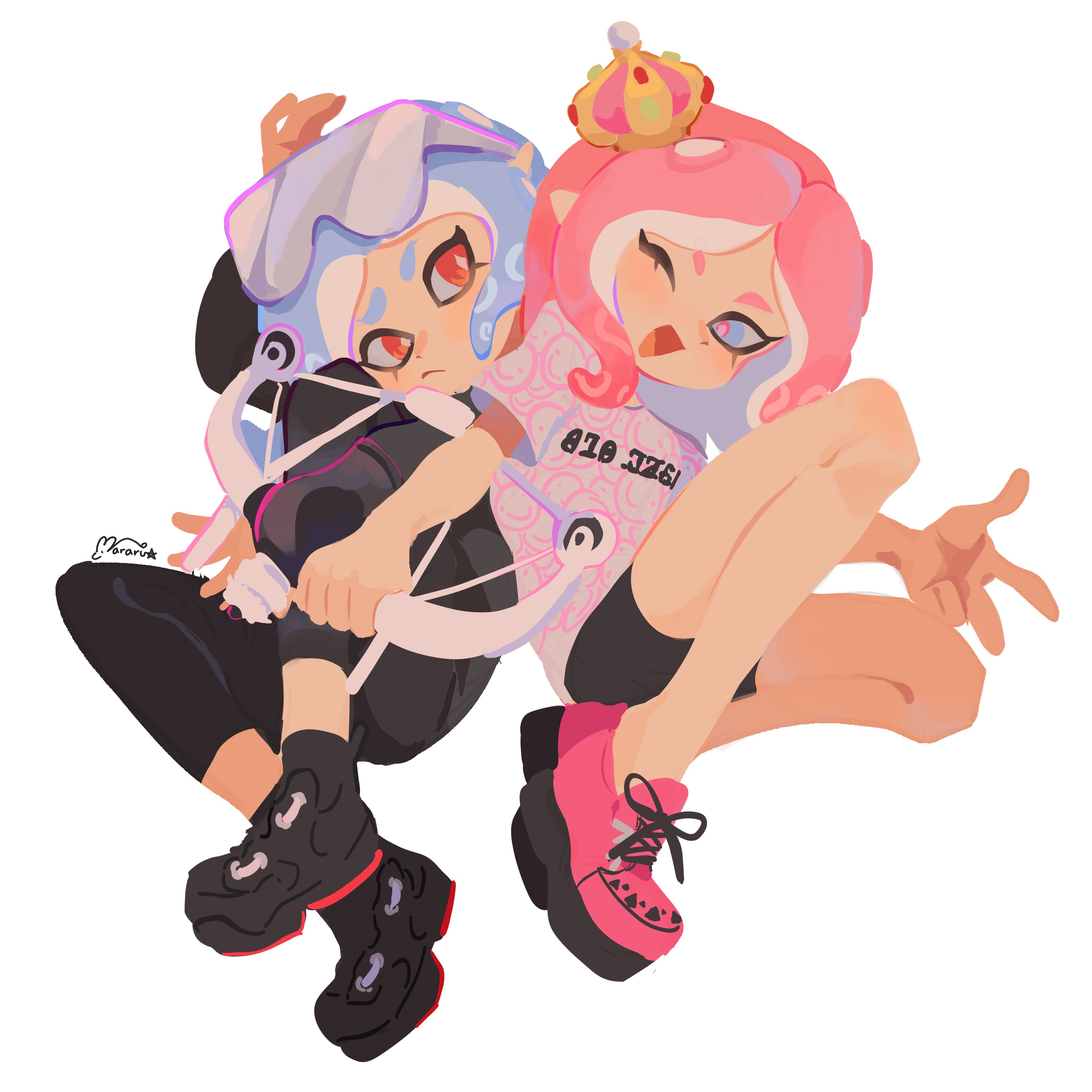 mararu, elysia (honkai impact), herrscher of corruption, honkai (series), honkai impact 3rd, absurdres, commentary, english commentary, highres, 2girls, ;o, artist logo, black pants, black shoes, black shorts, blue eyes, blue hair, bow (weapon), clothes writing, crown, elf, holding, holding bow (weapon), holding weapon, logo, long hair, multicolored hair, multiple girls, one eye closed, orange eyes, pants, parody, pink hair, pink shirt, pink shoes, pointy ears, shirt, shoes, shorts, simple background, style parody, two-tone hair, weapon, white background, white hair