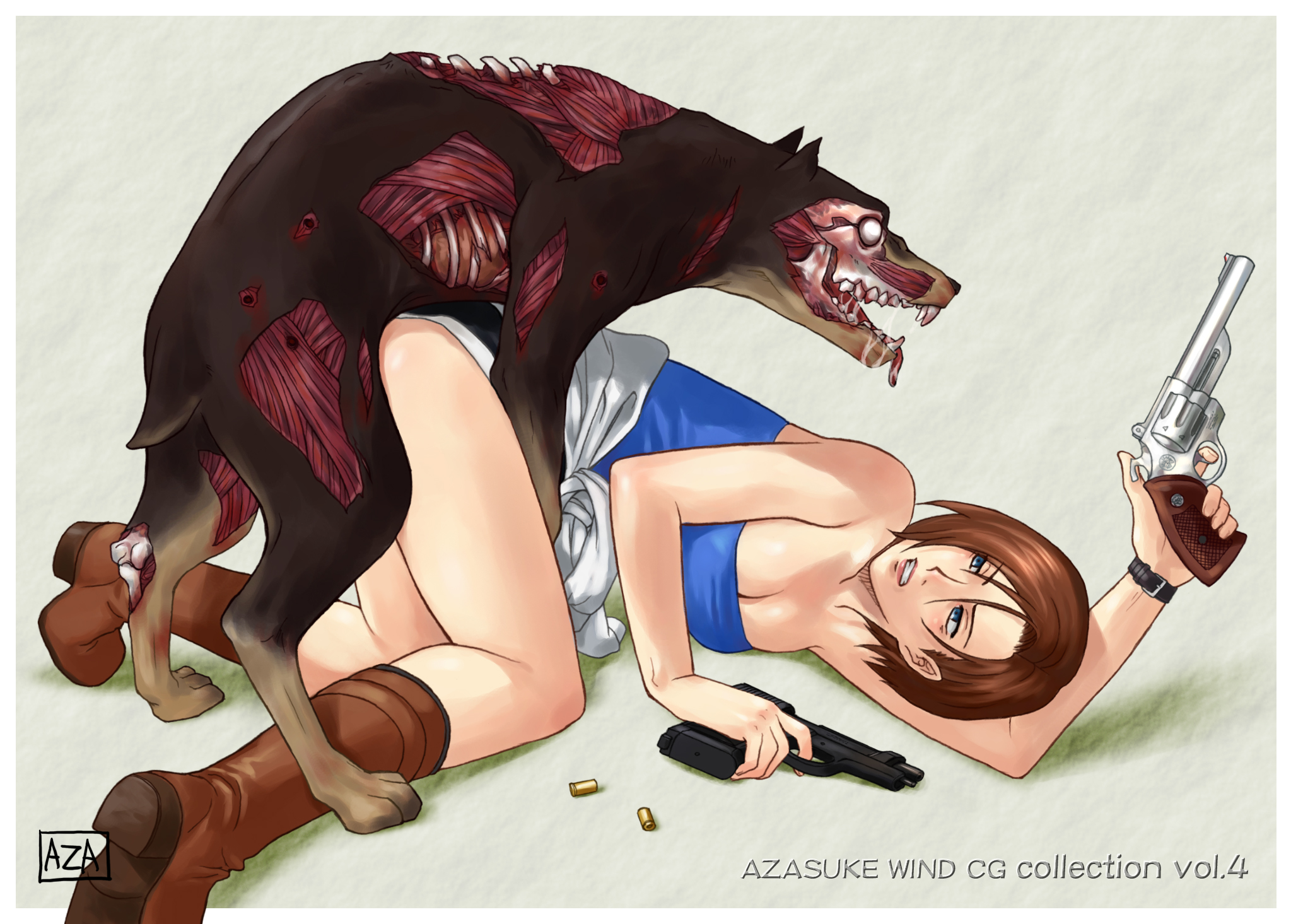 azasuke, jill valentine, resident evil, highres, 1girl, bestiality, bone, brown hair, bullet, dog, doggystyle, gun, guro, handgun, muscular, rape, revolver, sex, sex from behind, shell casing, short hair, undead, weapon, zombie