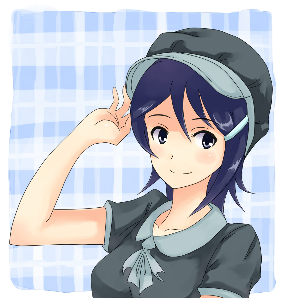 himetsuba, mizutani eri, idolmaster, idolmaster dearly stars, plaid, 00s, 1girl, blue eyes, blue hair, female focus, hair ornament, hairclip, hat, matching hair/eyes, short hair, smile, solo