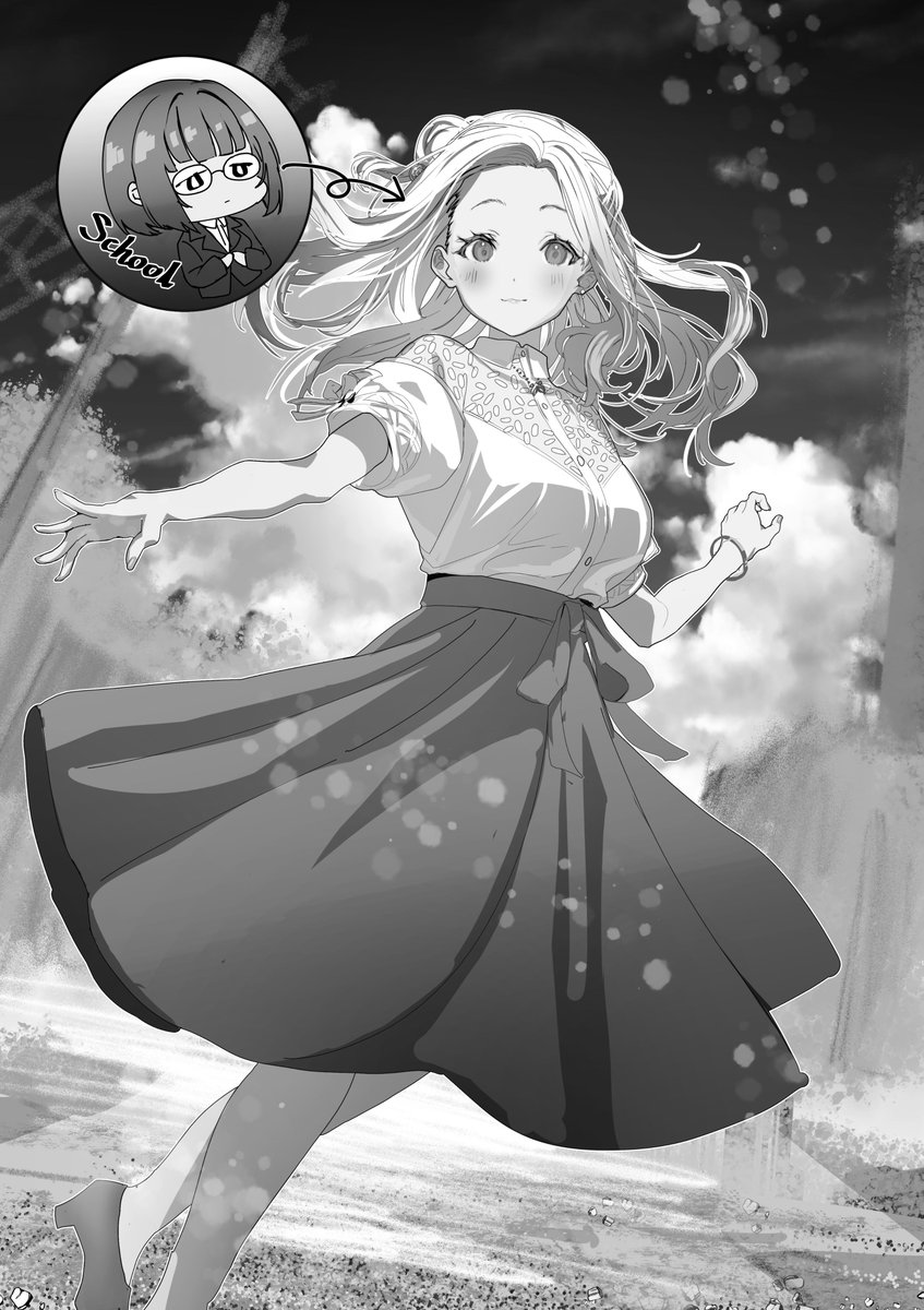shimofuri, momonouchi sumomo, hakuchuumu no aojashin, commentary request, highres, novel illustration, official art, 1girl, blouse, blush, bracelet, breasts, closed mouth, collared shirt, floating hair, foot out of frame, greyscale, high heels, jewelry, long hair, long skirt, looking at viewer, monochrome, outdoors, parted bangs, shirt, short sleeves, skirt, smile, solo, standing, wing collar