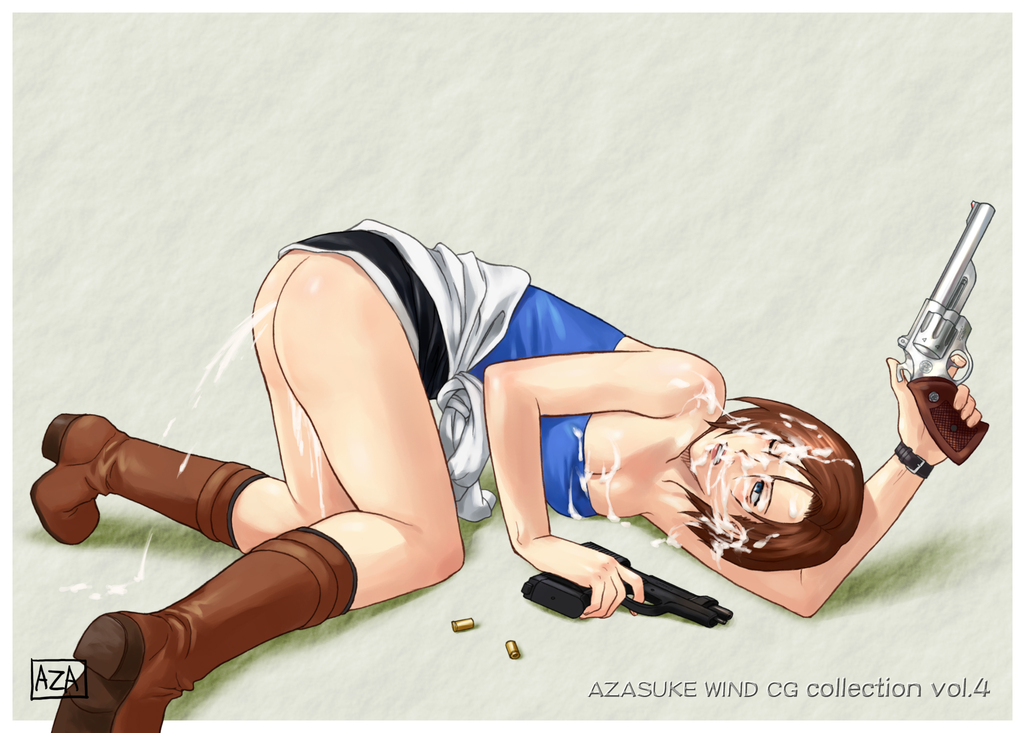 azasuke, jill valentine, resident evil, highres, gun, handgun, revolver, shell casing, weapon